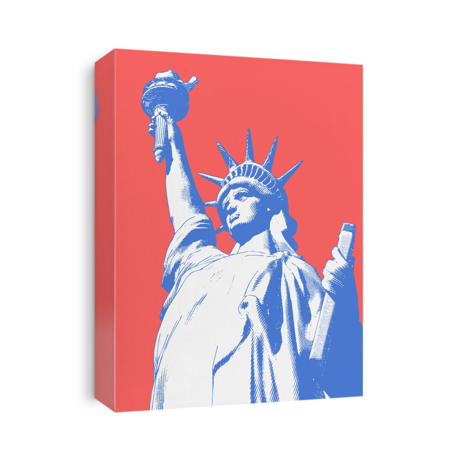 Color engraved vintage crosshatch drawing liberty lady statue from low angle worm eye view camera illustration isolated on bright red background in retro pop art style