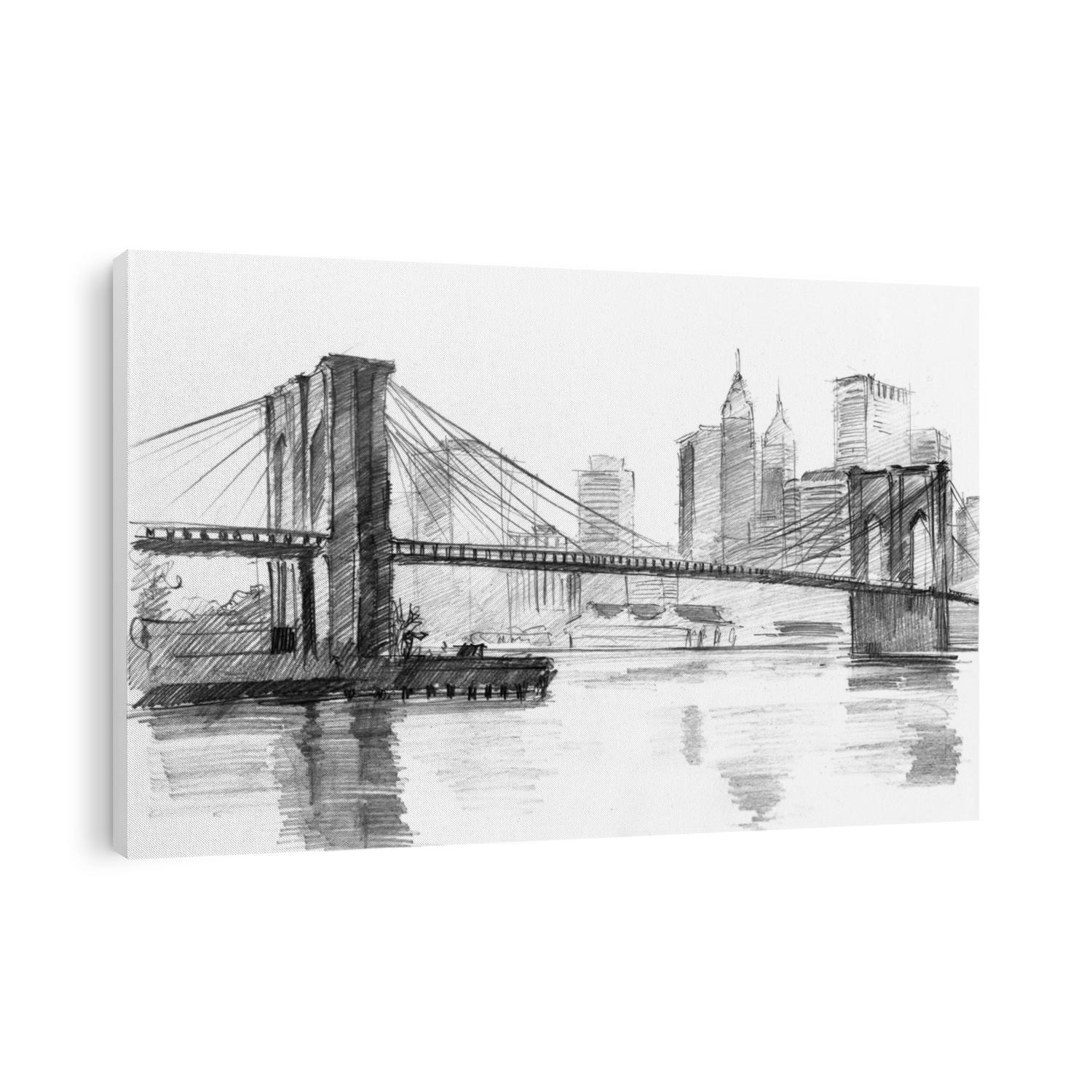 Pencil drawing of a landscape with set of skyscrapers and Brooklyn bridge in New York