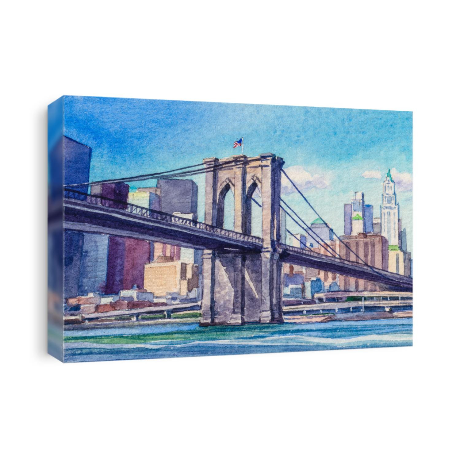 Views on Brooklyn bridge. New York, NY, USA. Wonderful summer day. Watercolor painting.