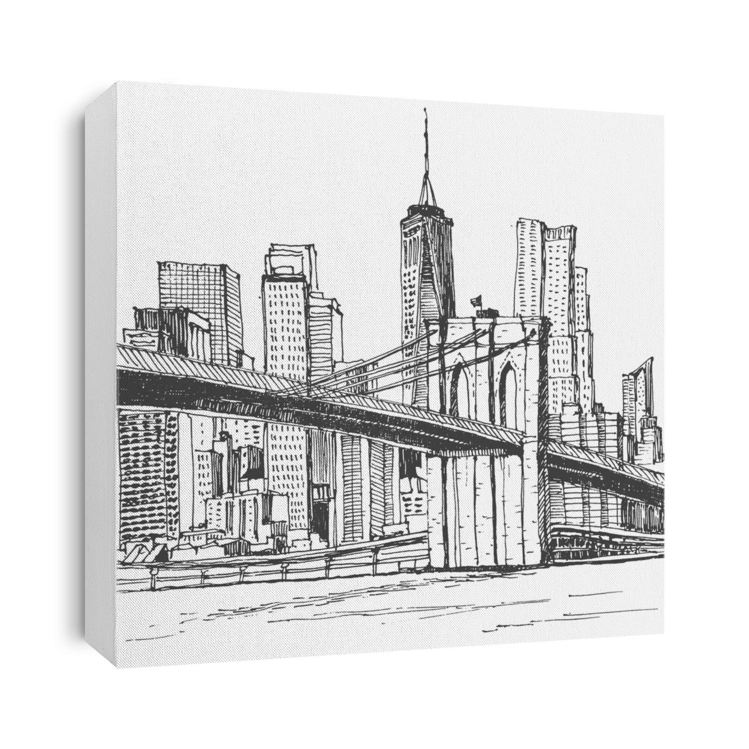 Architecture sketch illustration. Travel sketch of New York, USA. Liner sketches architecture of Brooklyn bridge. Freehand drawing. Sketchy line art drawing with a pen on paper.