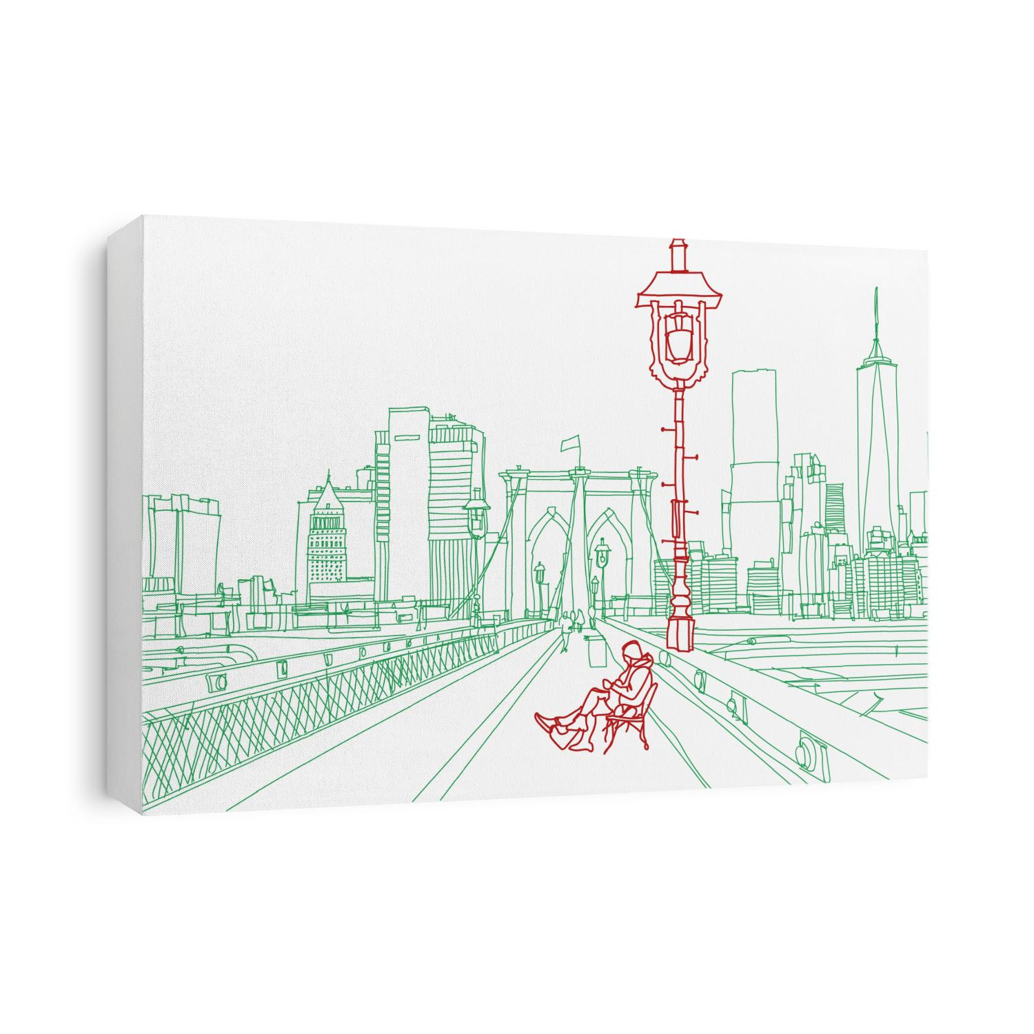 Scene street illustration. Hand drawn ink line sketch panorama New York city, Manhattan  with buildings,construction, bridge in outline style perspective view. Postcards design