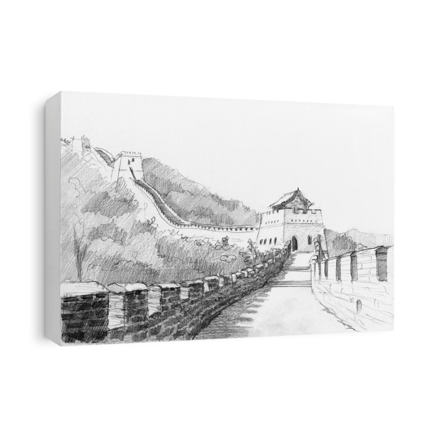 Pencil drawing of the great wall of China in mountains