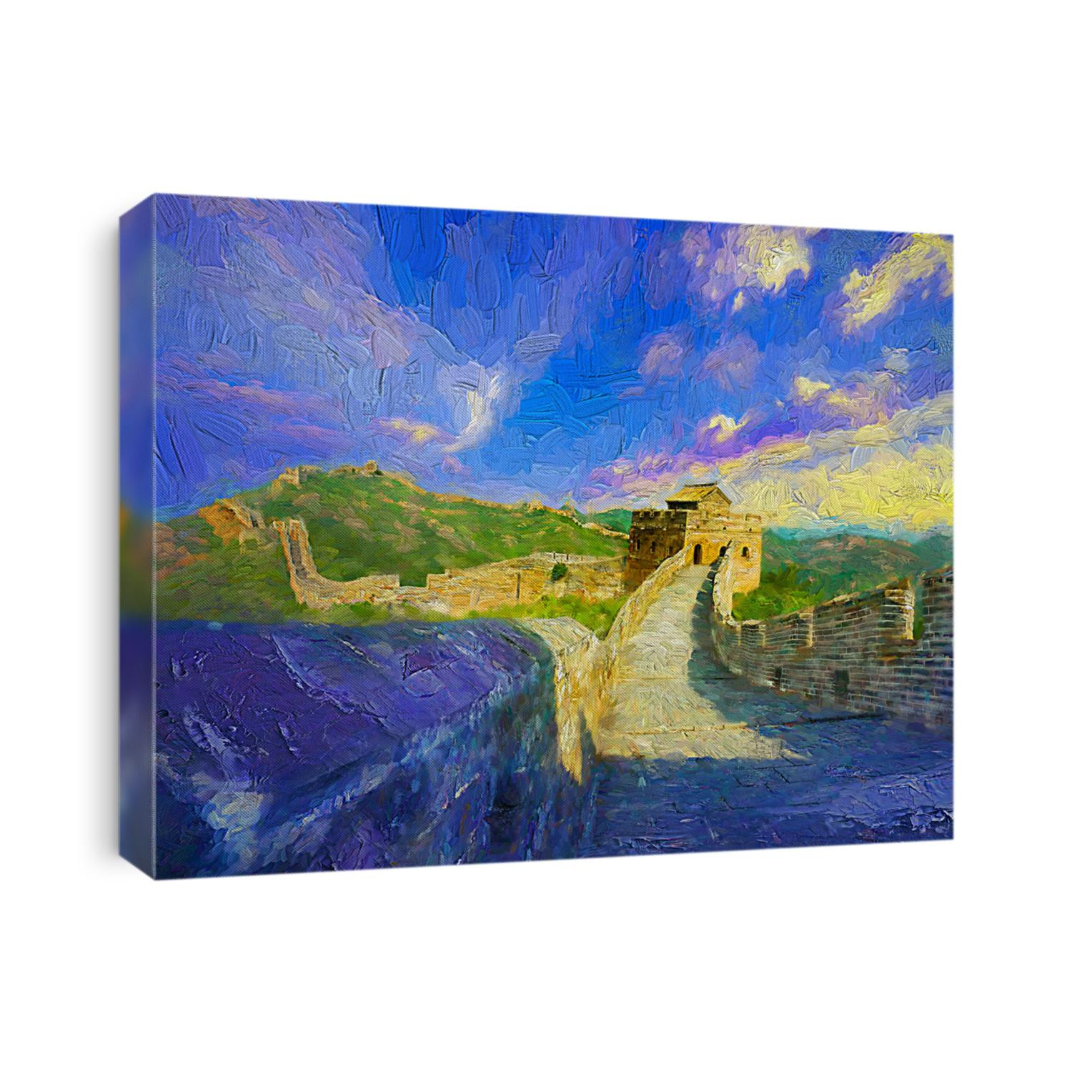 Beautiful famous landscape view of The Great Wall of China along the hilltop during evening time, another important tourist attractions place of China.- oil painting. 
