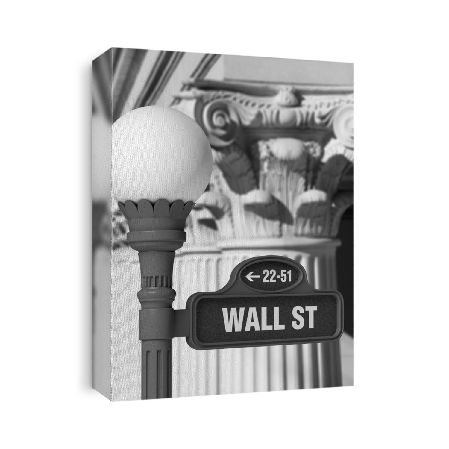 Black and white image of a Wall Street sign post in front of rows of Corinthian columns