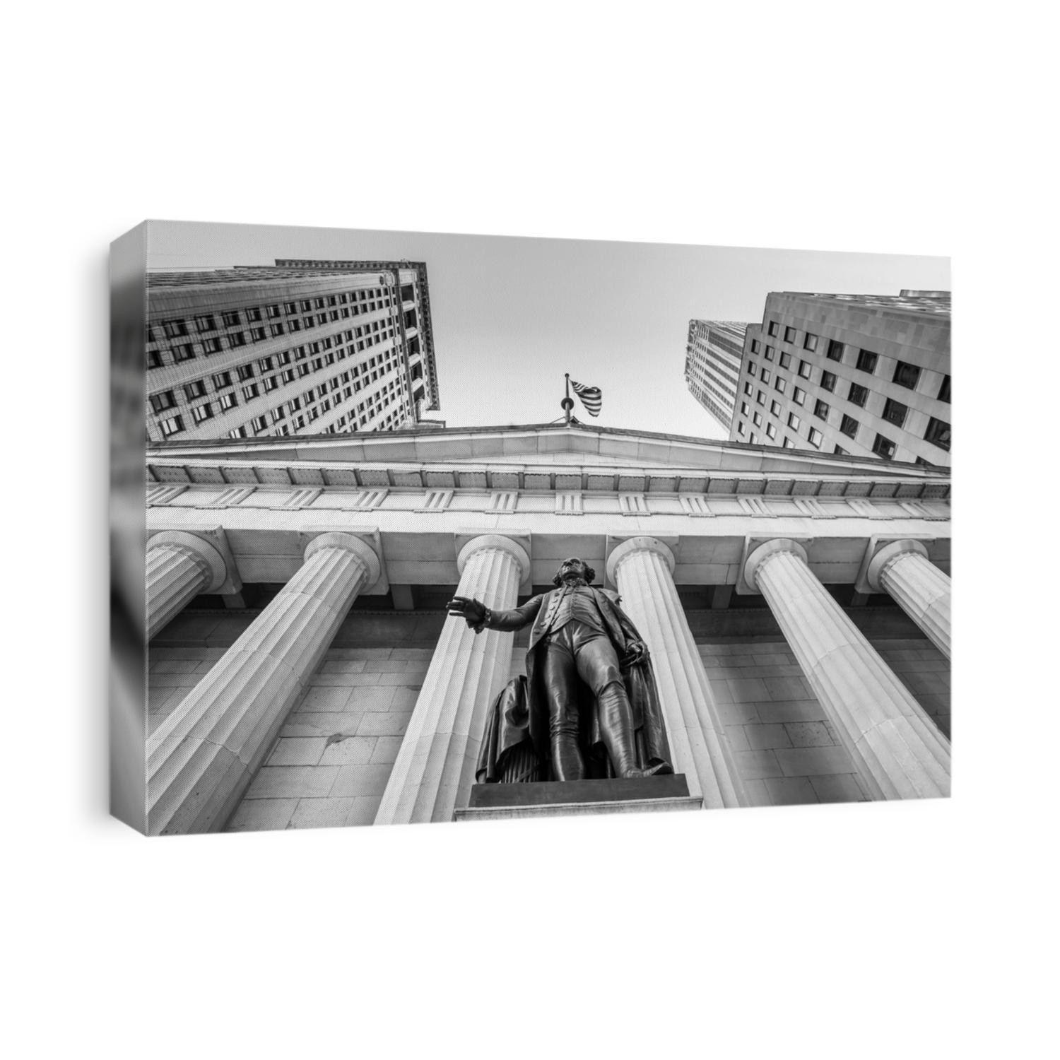 Facade of the Federal Hall with Washington Statue on the front, wall street, Manhattan, New York City in black and white