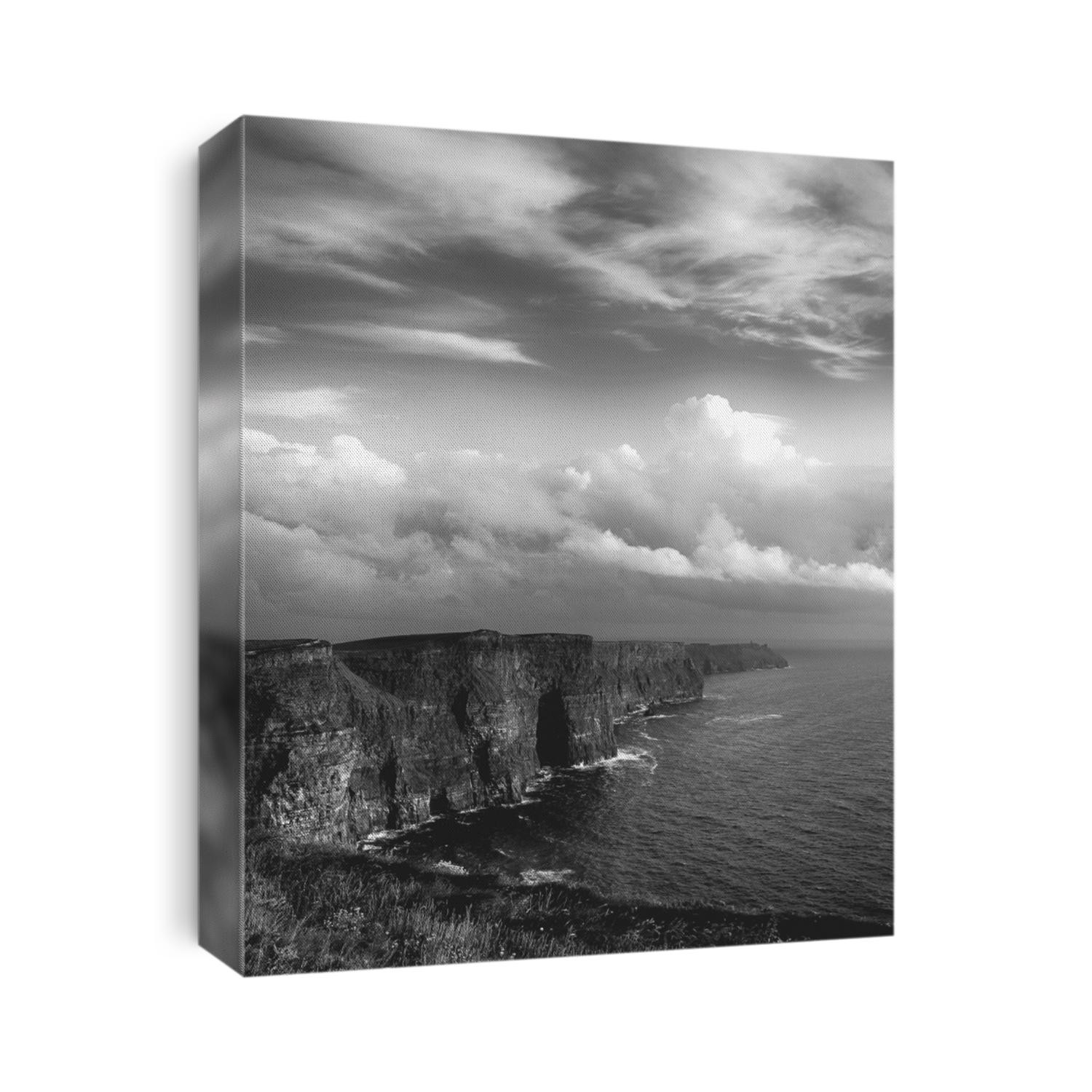 Black and white picture of the world famous cliffs of moher in county ireland. beautiful scenic irish countryside along the wild atlantic way.