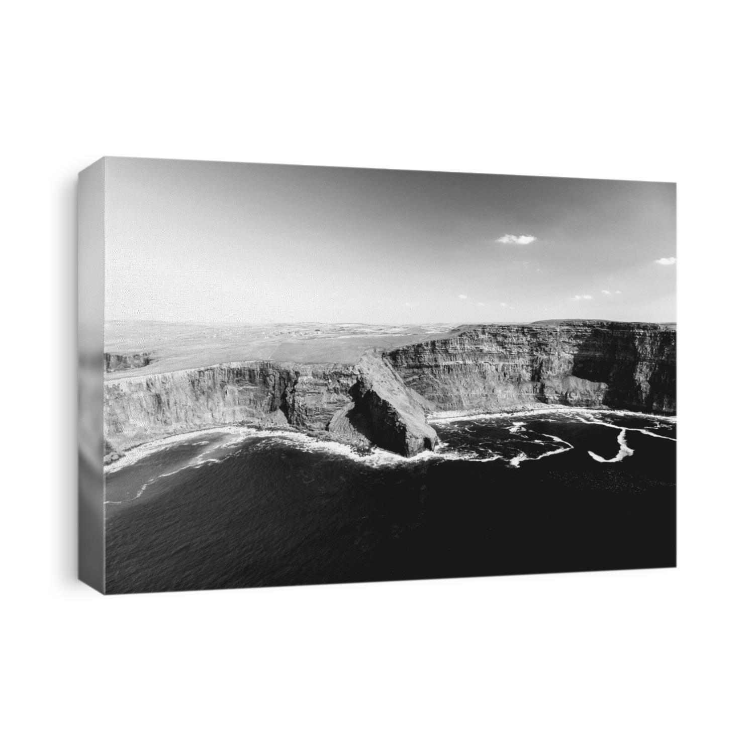 black and white landscape photograph from the cliffs of moher in county clare, ireland