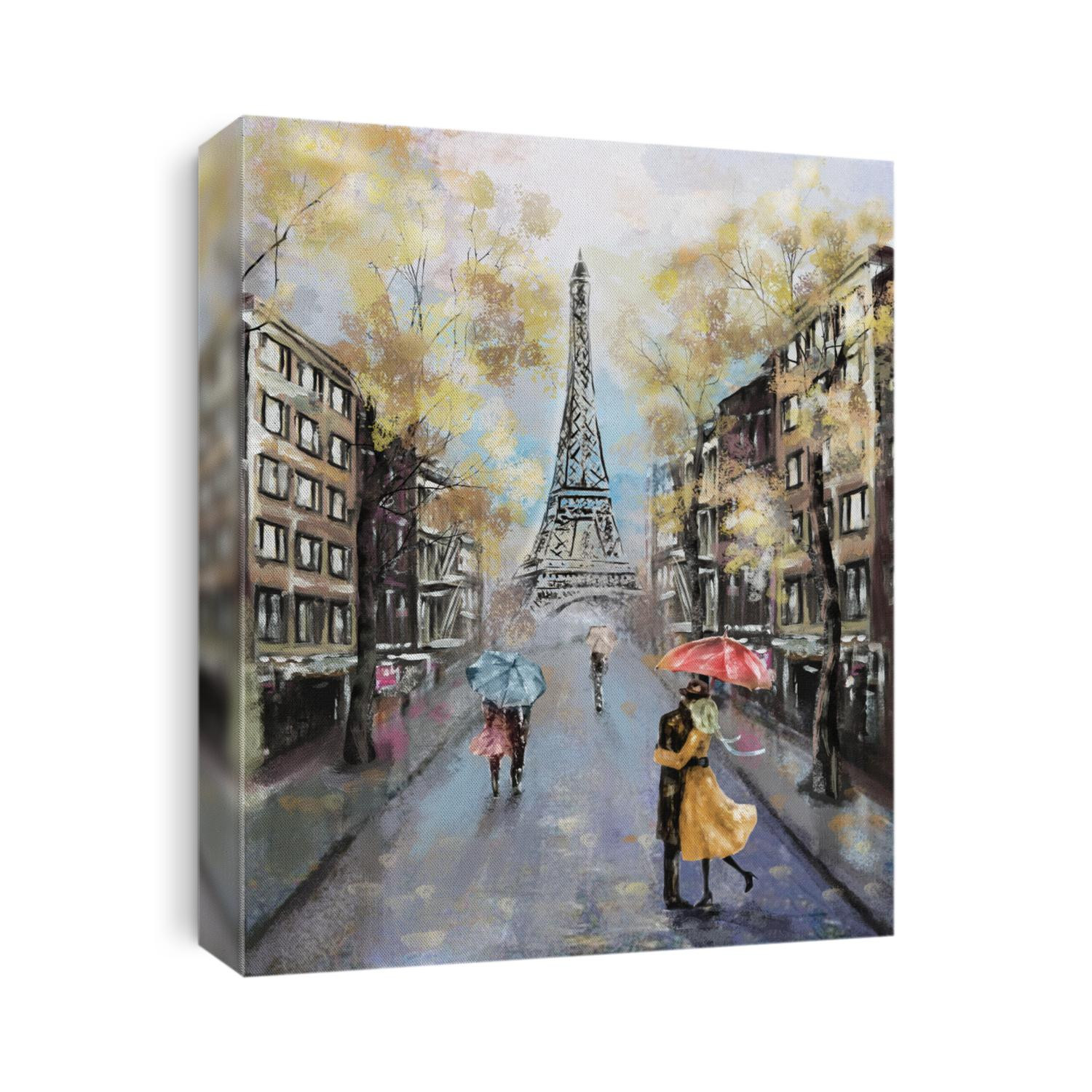 Oil Painting, Paris. european city landscape. France, Wallpaper, eiffel tower. Modern art. Couple under an umbrella on street