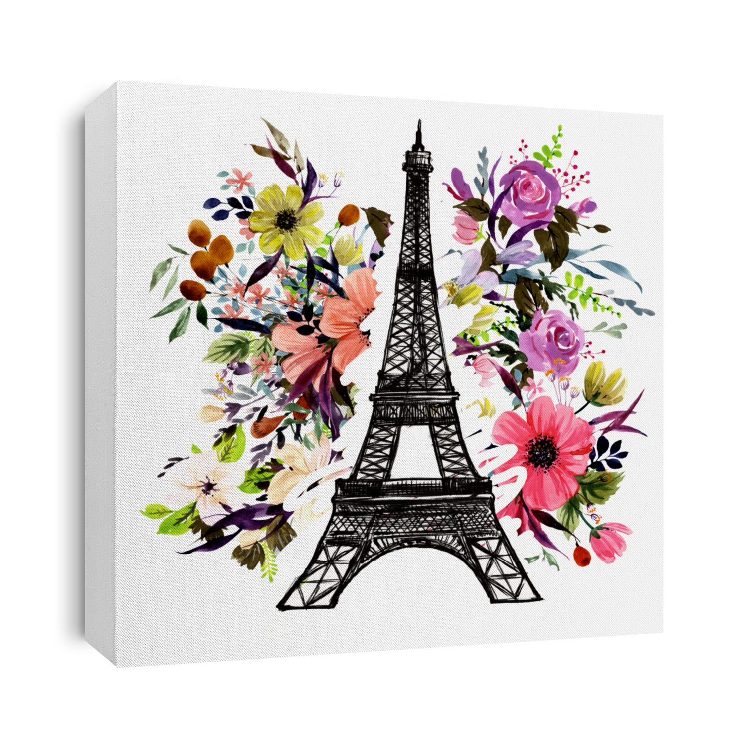 Eiffel Tower on a floral background. Watercolor travel illustration.