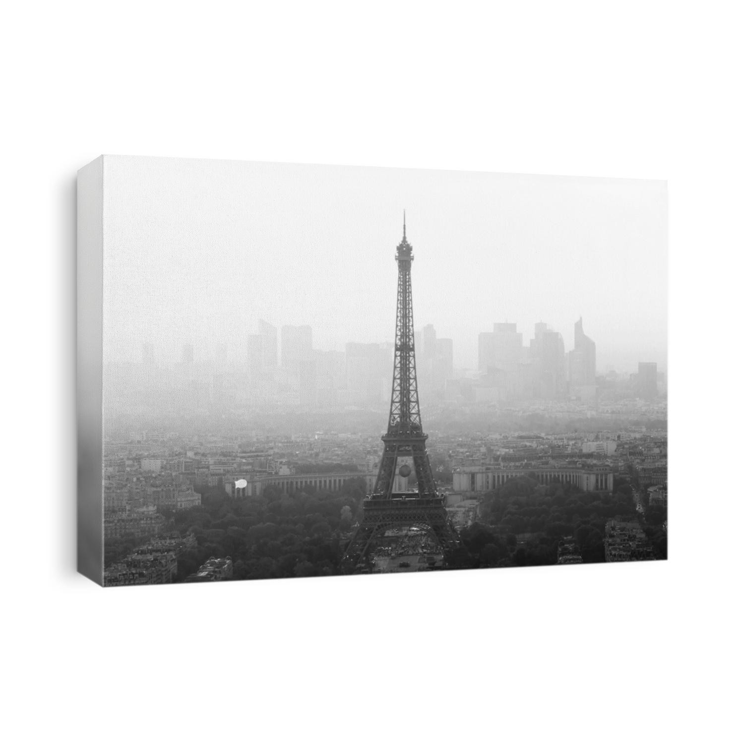 Aerial view of Paris with Eiffel tower and major business district of La Defence in background at sunset. Black and white image.