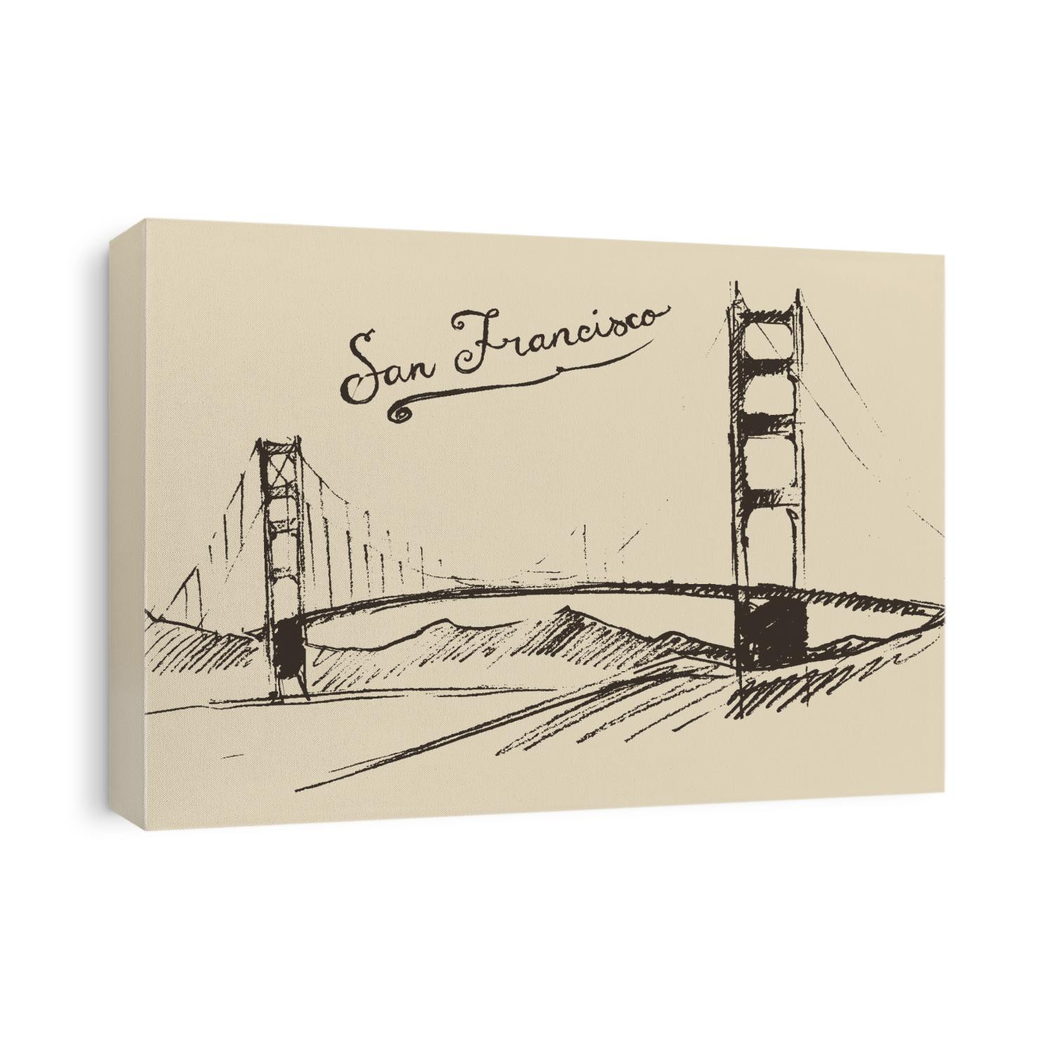 San Francisco bridge, vintage engraved illustration, hand drawn, sketch