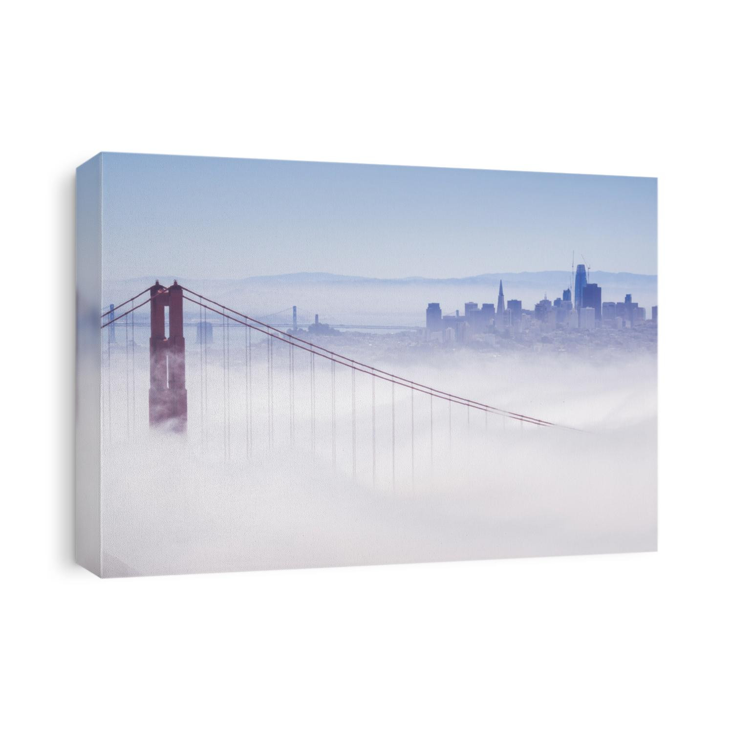Golden Gate and the San Francisco bay covered by fog, the financial district skyline in the background, the Salesforce tower almost finished, as seen from the Marin Headlands State Park, California