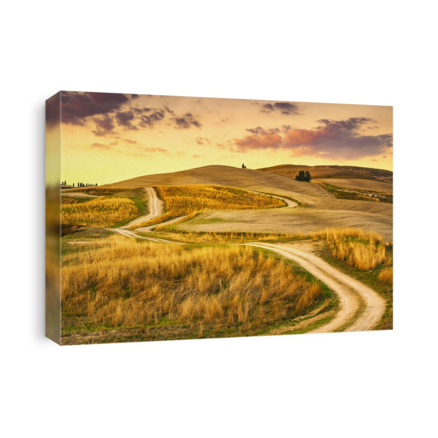 Tuscany landscape, rural road and green field on sunset. Volterra Italy Europe