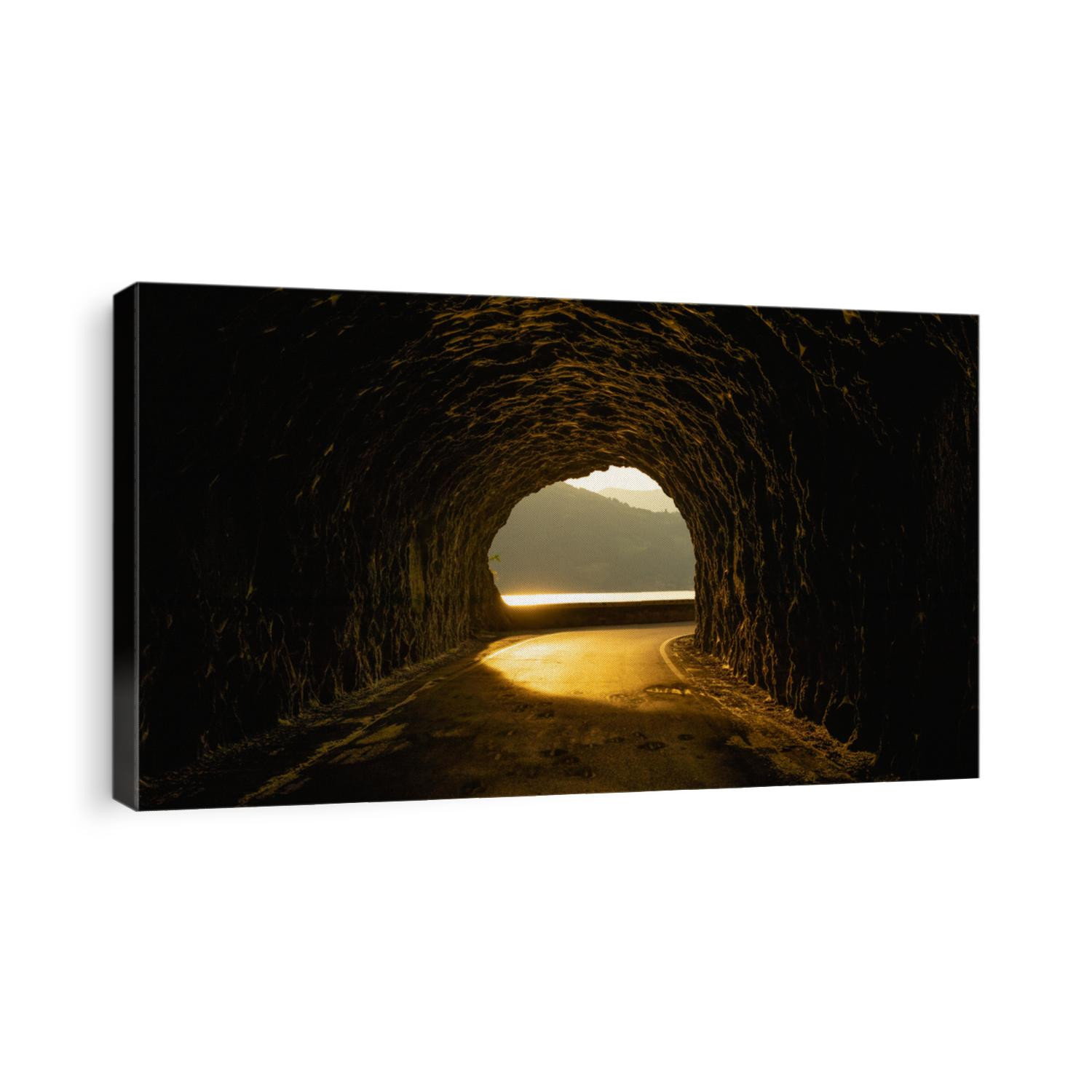 beautiful street in a rocky tunnel with an amazing sunset. 
this is a street near an italian lake.