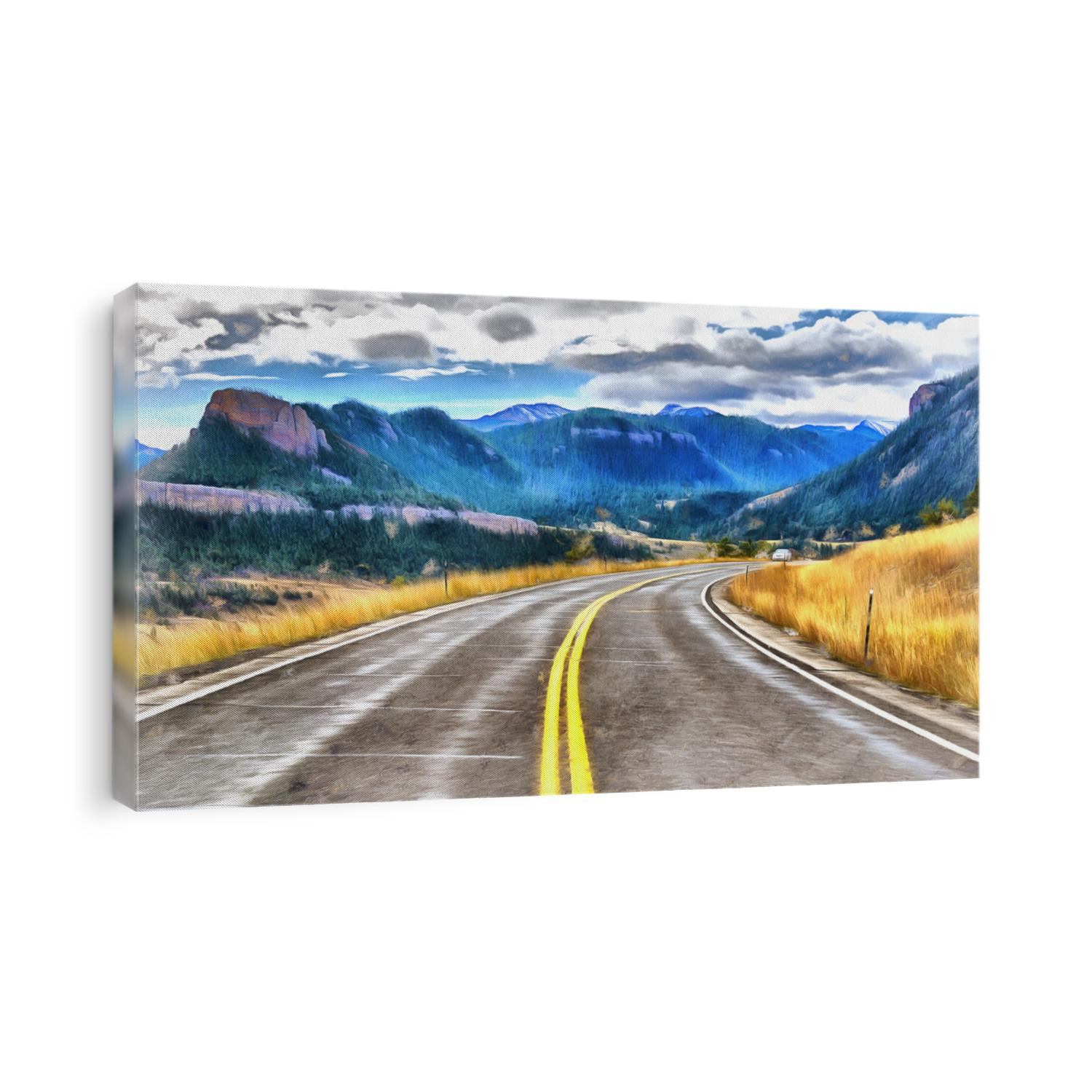 Beautiful mountain landscape with asphalt road colorful painting, Wyoming, USA.
