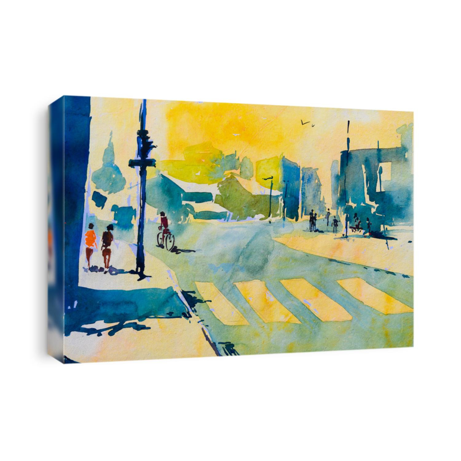 Watercolor painting of bicycle rider passing urban city road crossing, morning light. hand painted illustration