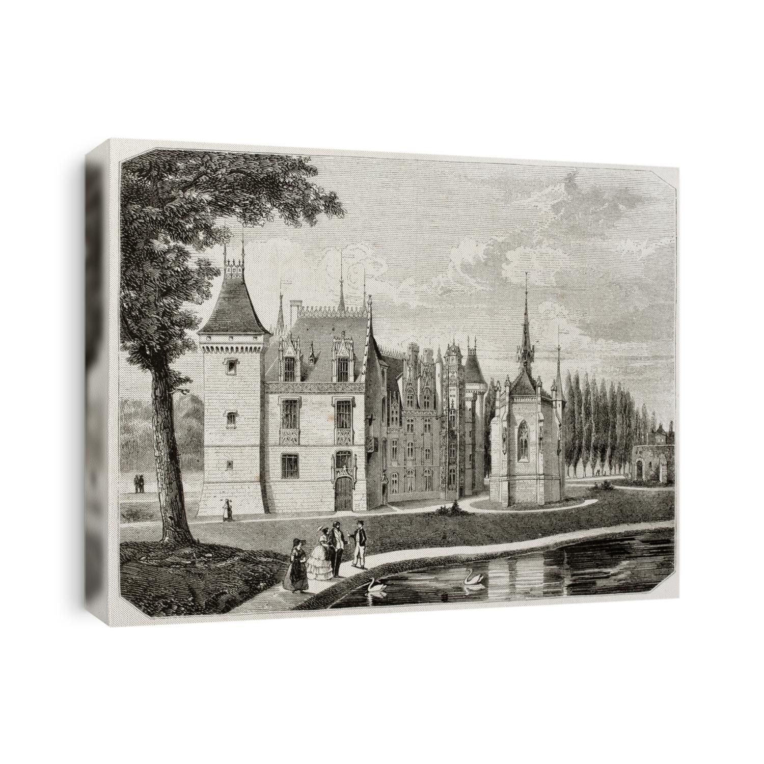 Old illustration of Meillant castle, Cher department, France. Created by Renard and Pontenier, published on Magasin Pittoresque, Paris, 1850