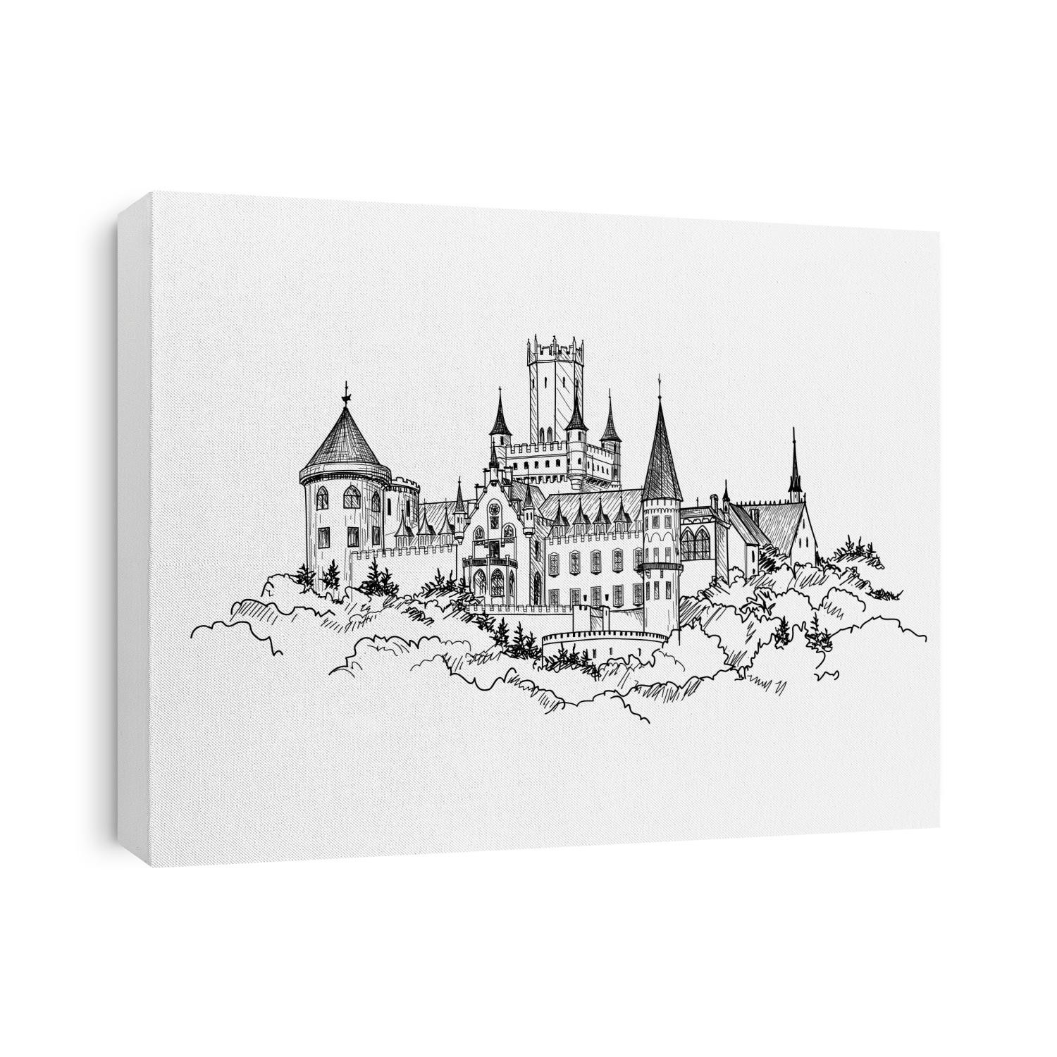 Famous German Castle Landscape. Travel Germany Background. Castle building on the hill skyline etching. Hand drawn sketch vector illustration.