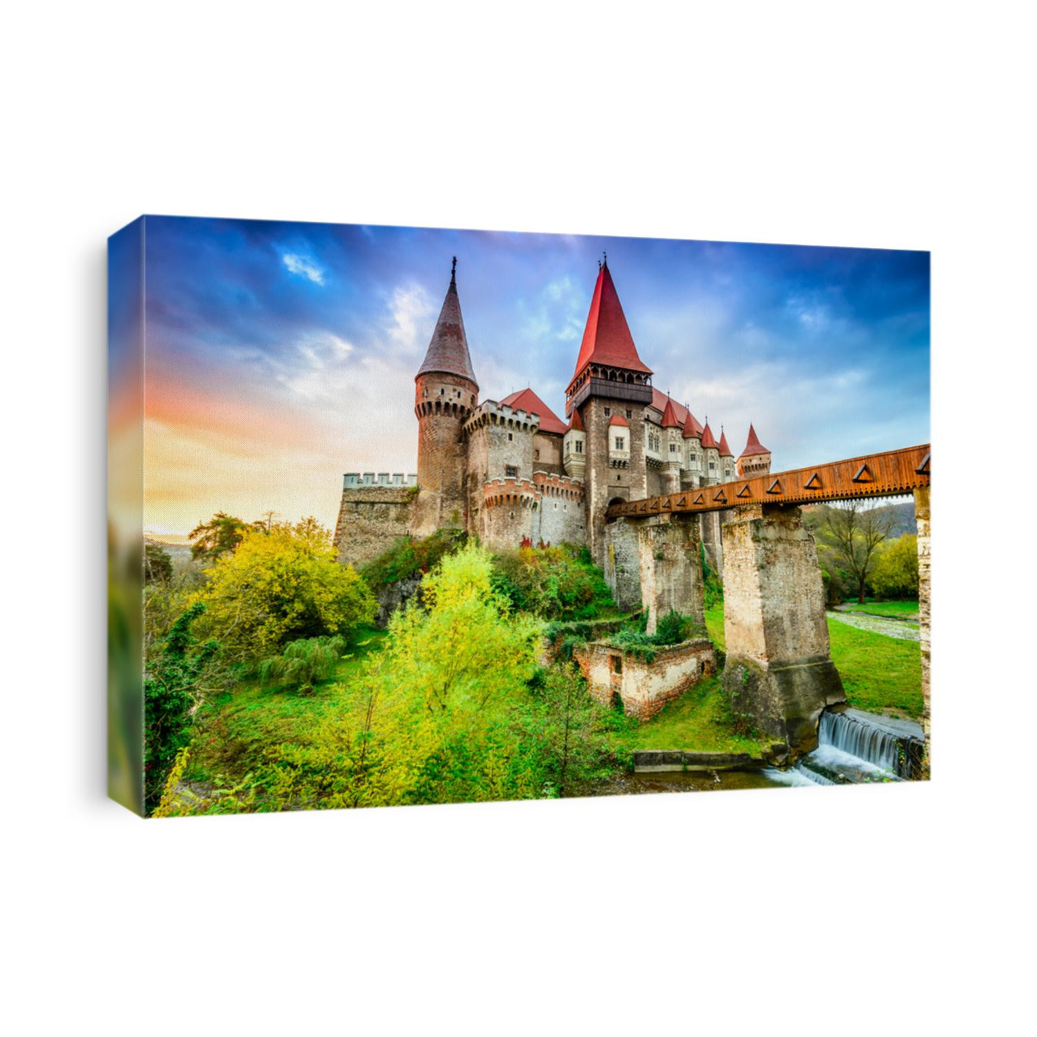 Hunyad Castle. Beautiful panorama of the Corvin's Castle with wooden bridge, Hunedoara, Transylvania, Romania, Europe.