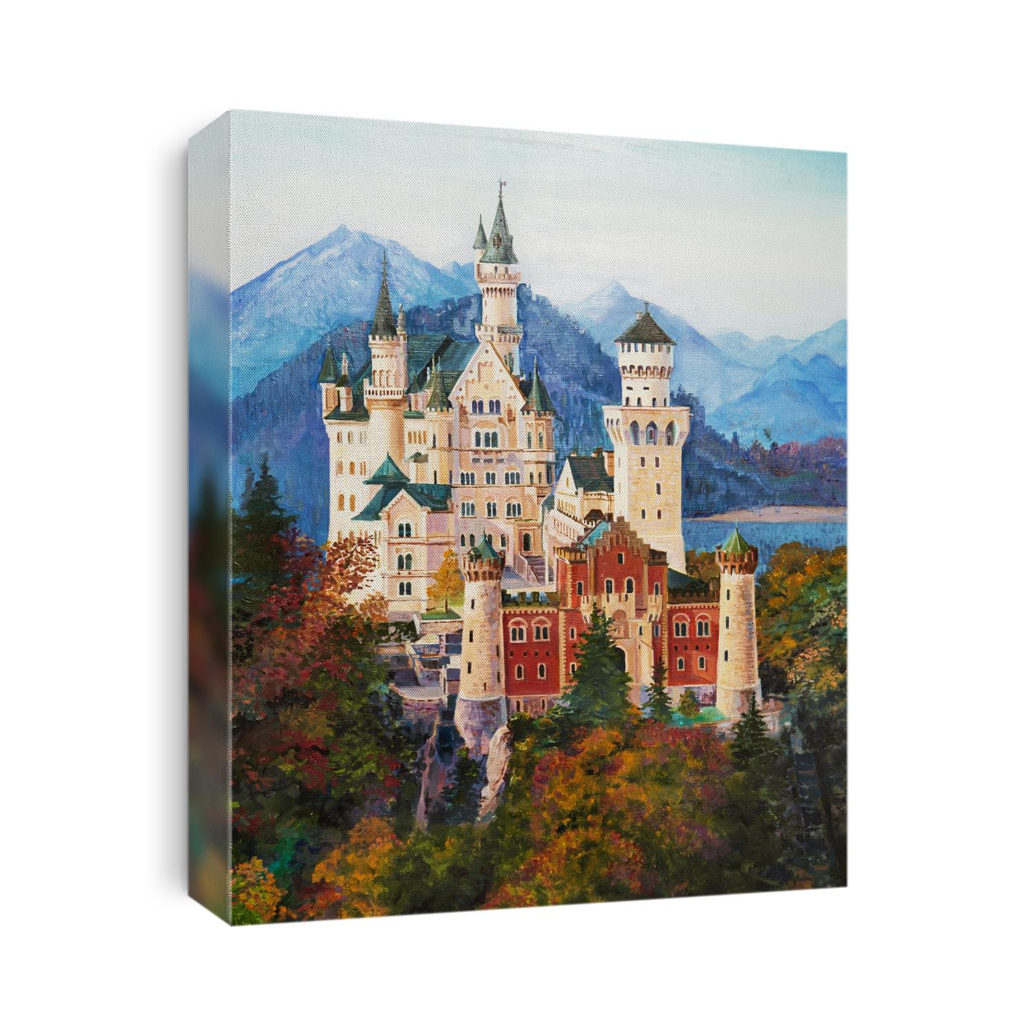Original oil painting of famous Neuschwanstein castle in Bavaria, Germany.
