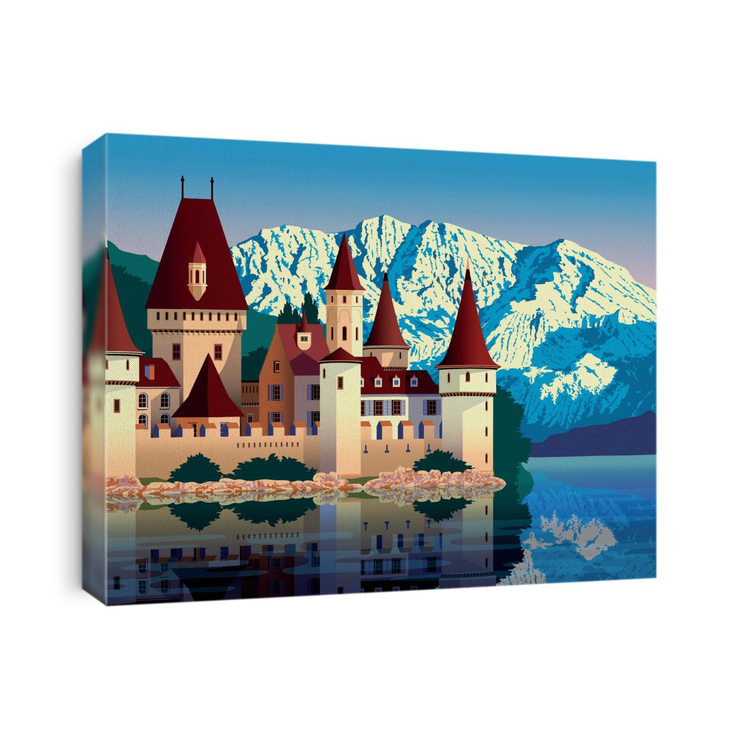 Sunny day in Austria near the medieval castle, lake and mountains in the background. Handmade drawing vector illustration. Flat design. Vintage Poster. All objects are grouped by layers.