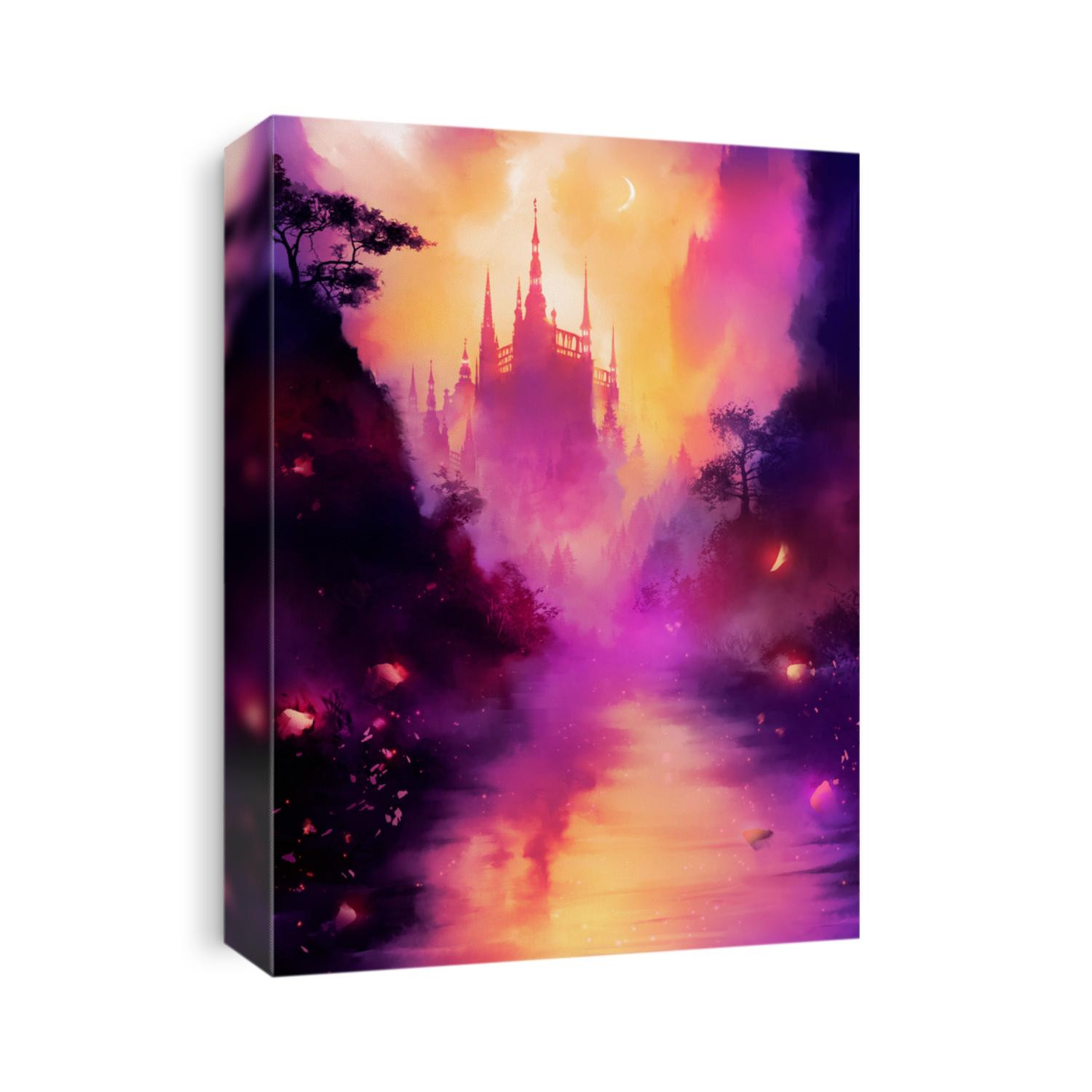 A beautiful fairytale landscape in pink shades, with a river in the foreground, and a huge tall castle in the distance, with many towers, it is shrouded in fog, we see a crescent moon in the sky. 2d