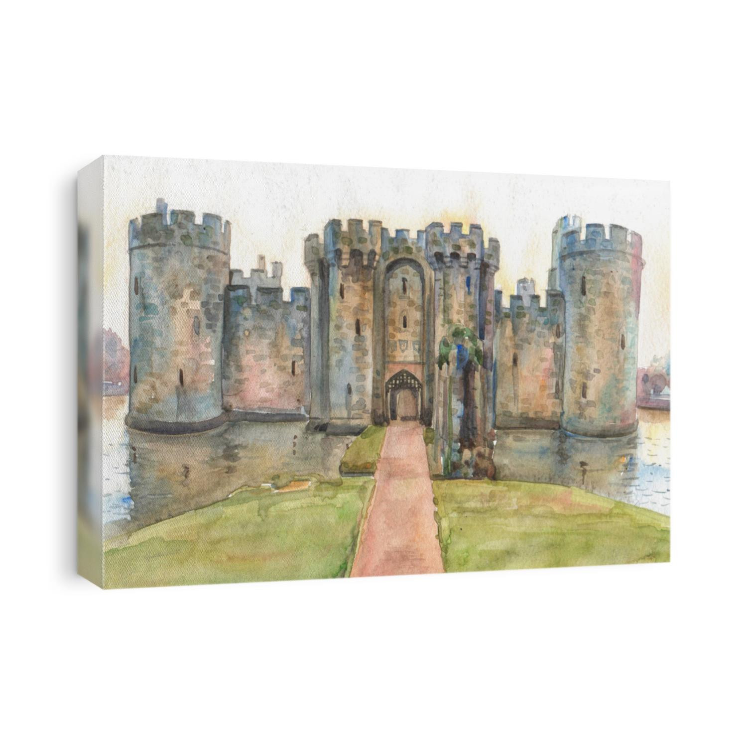 Bodiam Castle in East Sussex in England, a 14th century medieval English castle painted in watercolor on paper.