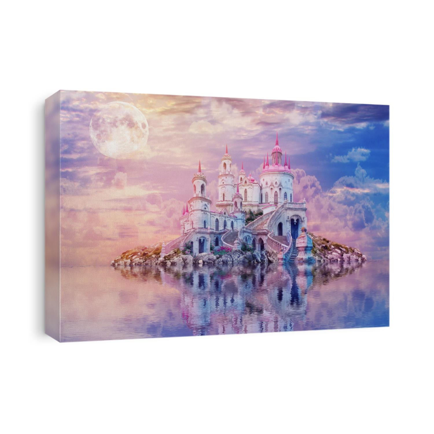 fantastic landscape with moon. Wonderland background. beautiful island with an ancient castle is reflected in the water against the sunset.