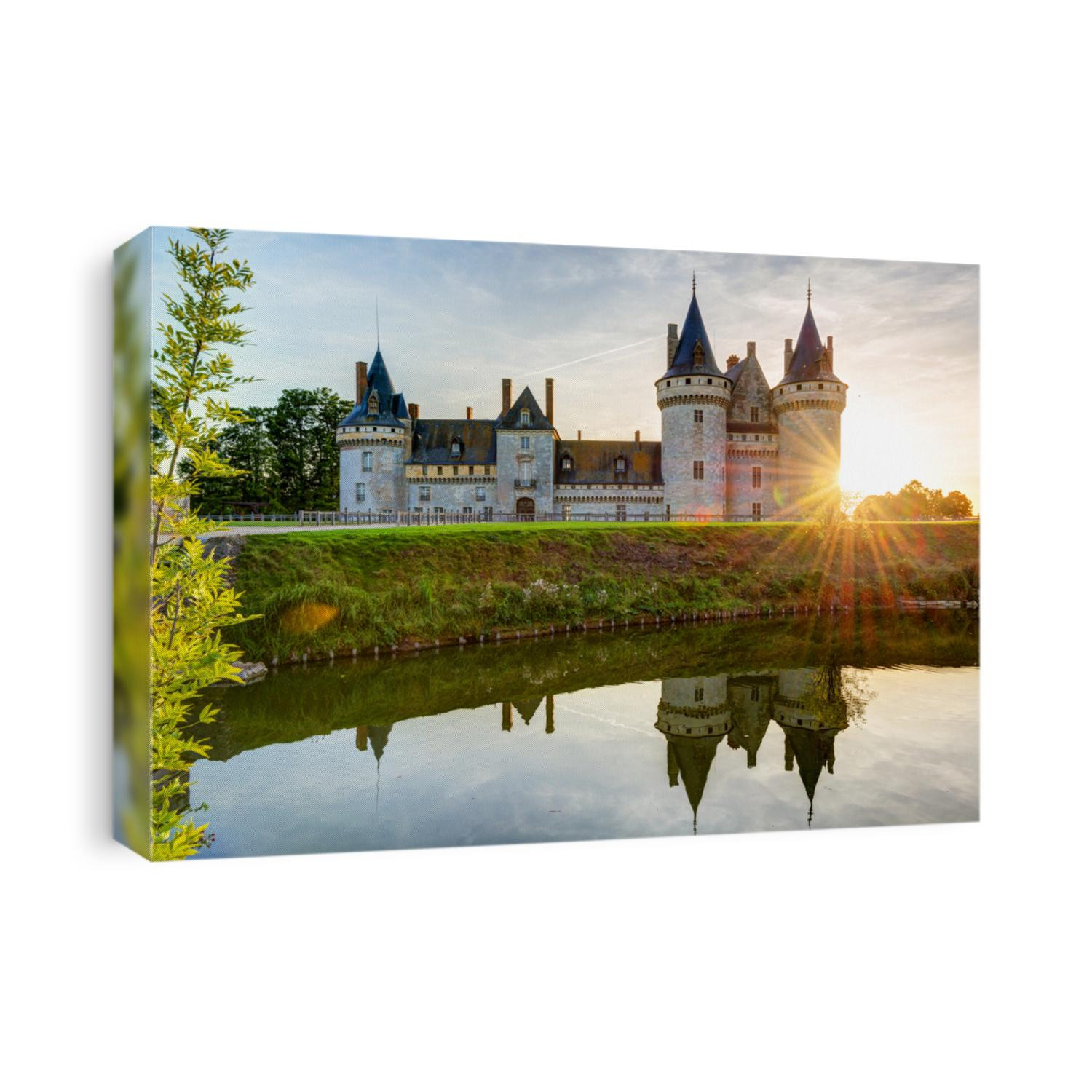 Chateau de Sully-sur-Loire at sunset, France. This castle is one of the landmarks in Loire Valley. Scenic view of nice medieval castle on a lake. Beautiful panorama of the old mansion in sun light.
