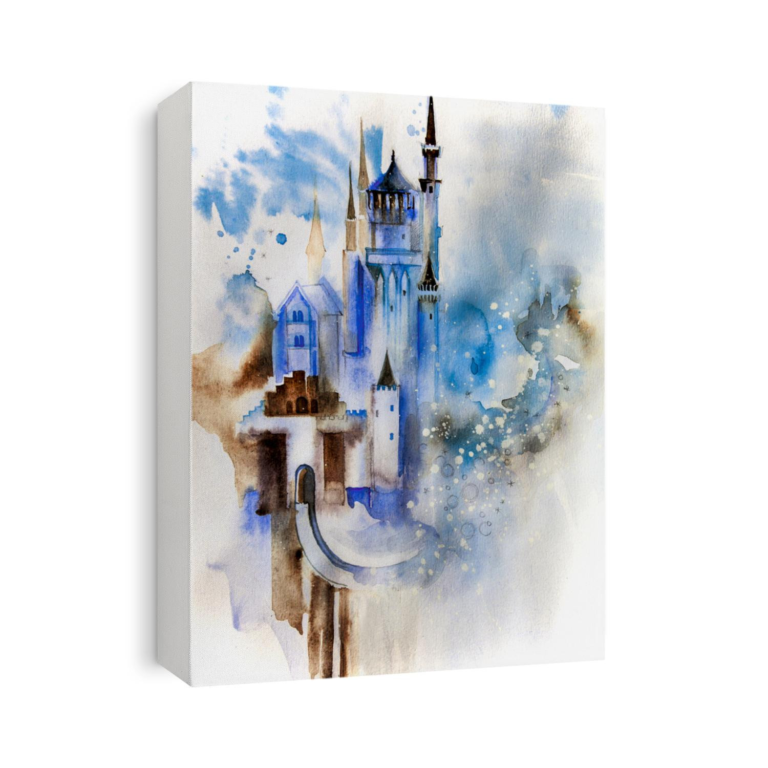 Old castle on the hill or mountain- Beautiful abstract watercolor landscape on textured paper. Monochrome, blue and brown art.