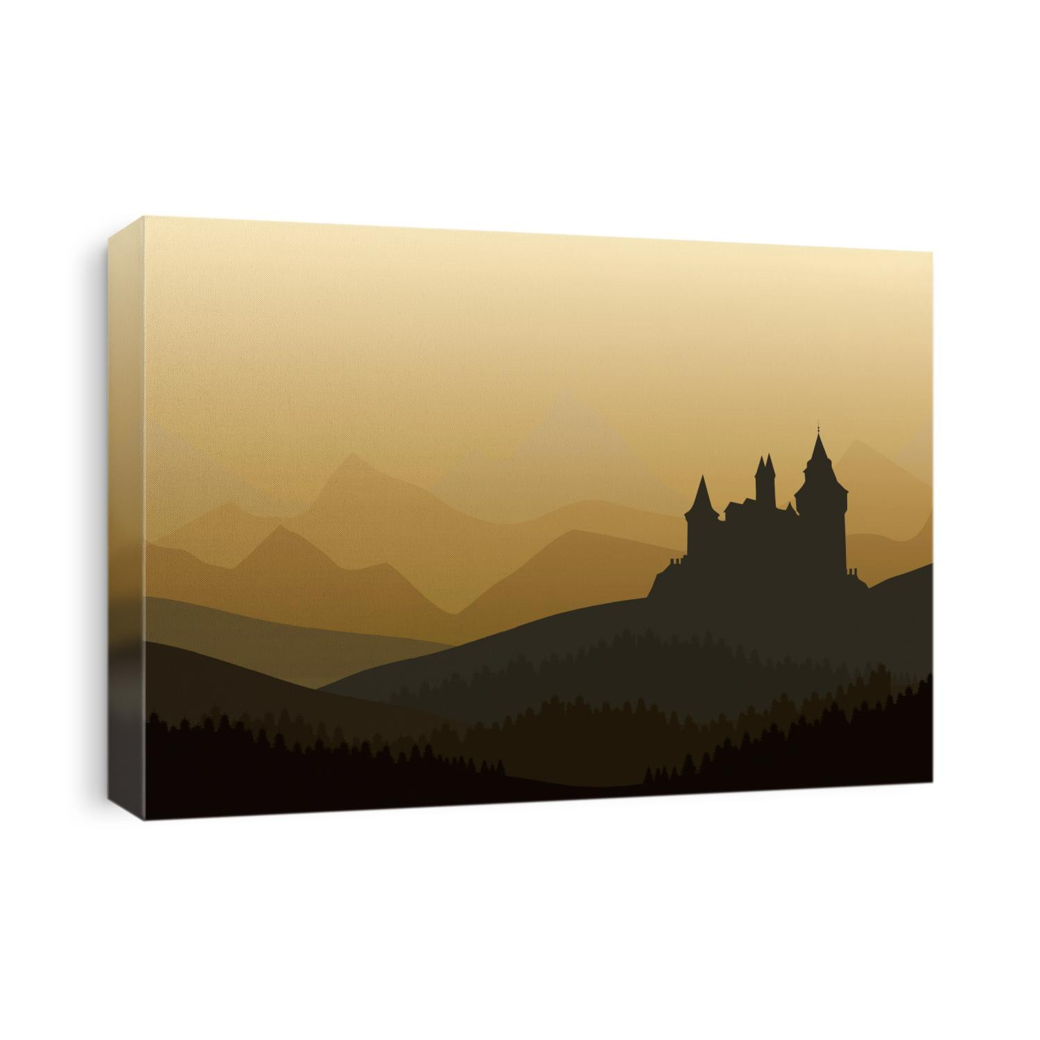 vector illustration odf old castle in the misty mountains  and pine forest landscape