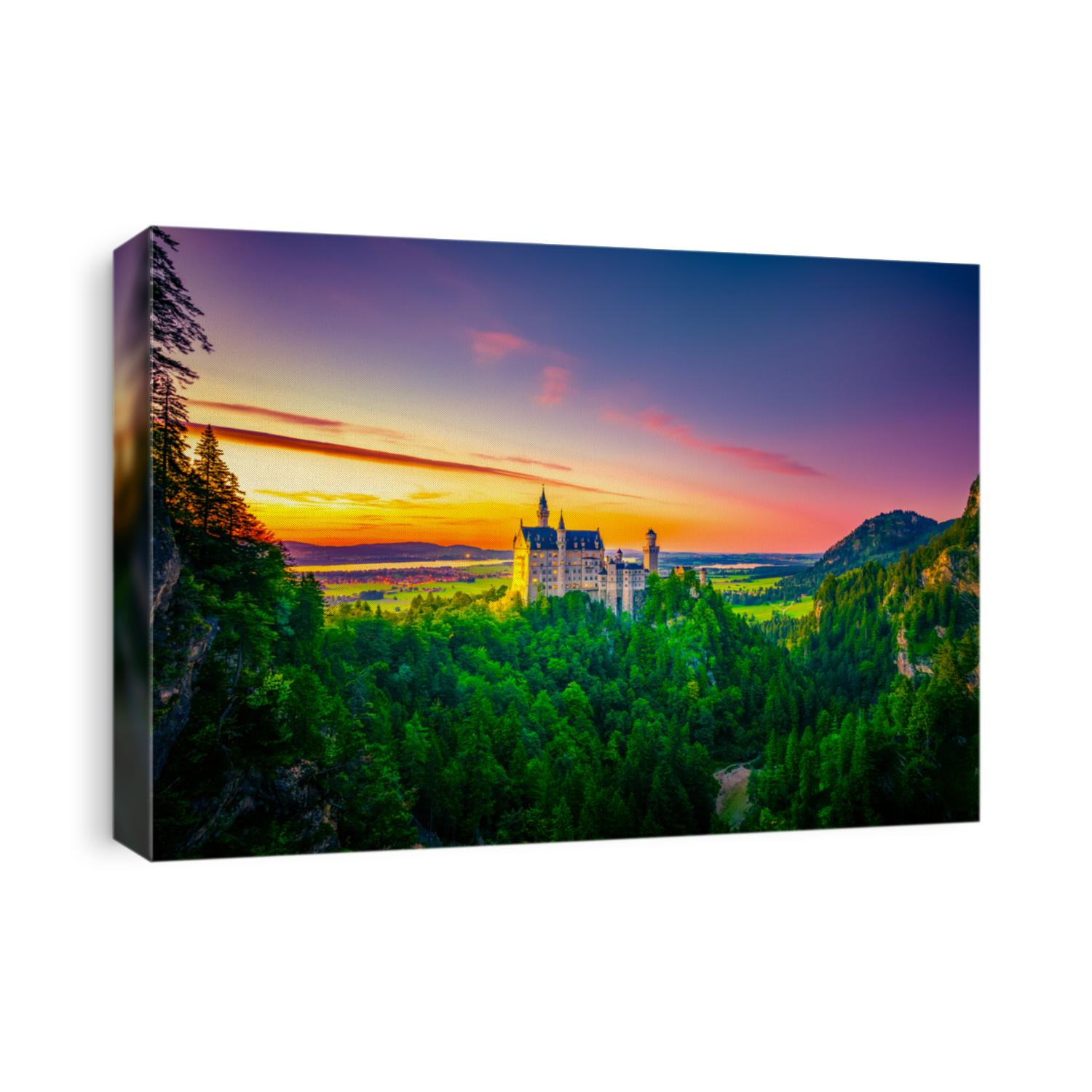 Beautiful sunset view of world-famous Neuschwanstein Castle, the nineteenth-century Romanesque Revival palace built for King Ludwig II on a rugged cliff near Fussen, southwest Bavaria, Germany