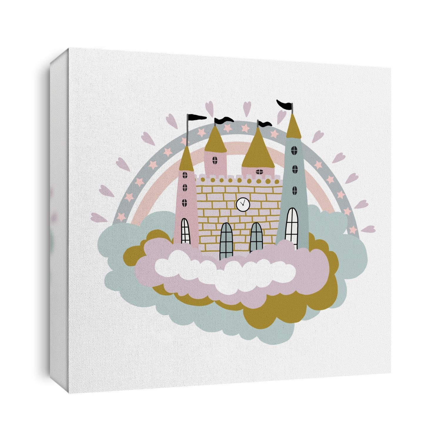 Hand drawn vector illustration. Cute cartoon magic castle. Pastel color. For baby print or poster.