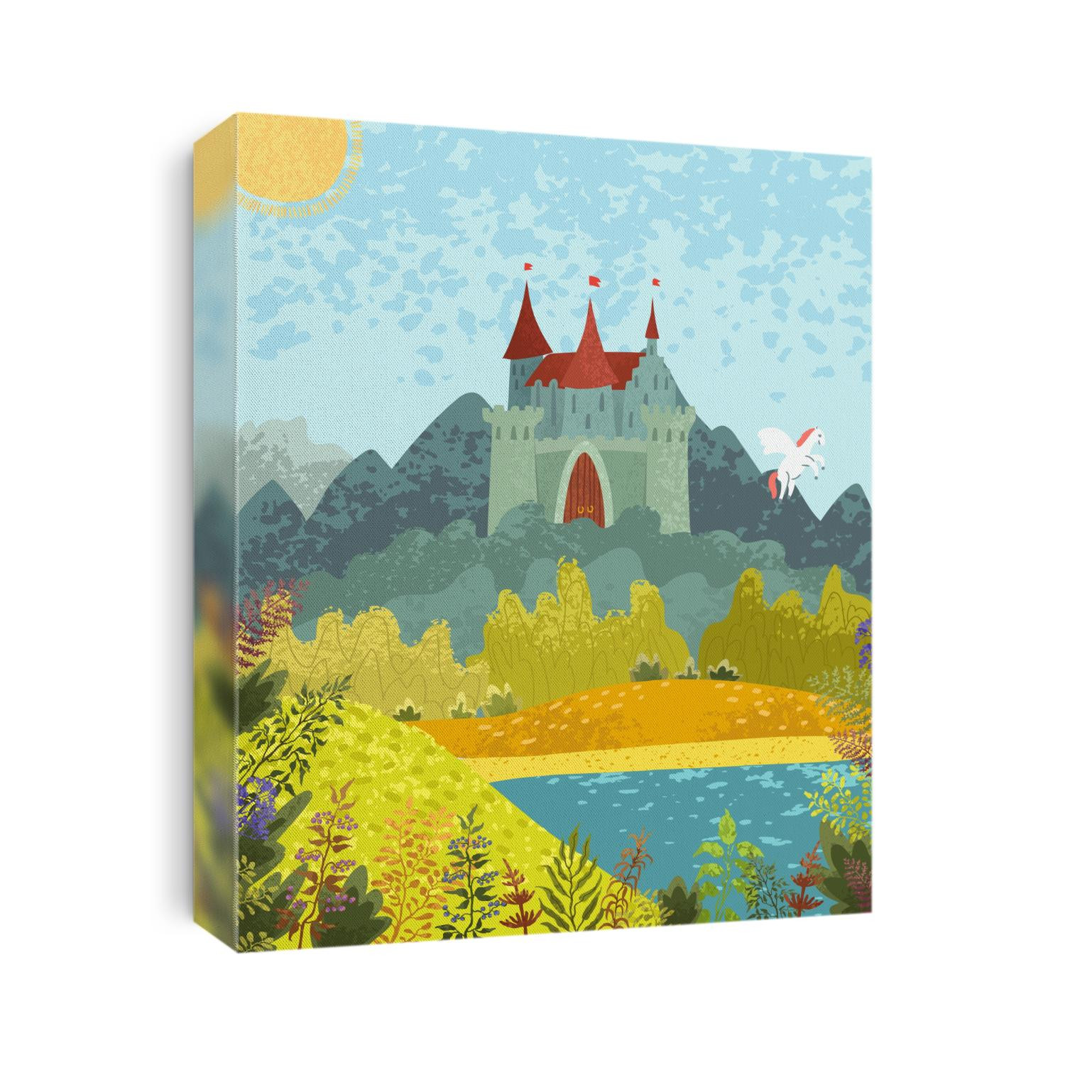 Vector colorful textured illustration of fabulous nature landscape with a castle and a pegasus. Use it as background for poster, postcard, brochure, card, banner or other graphic design