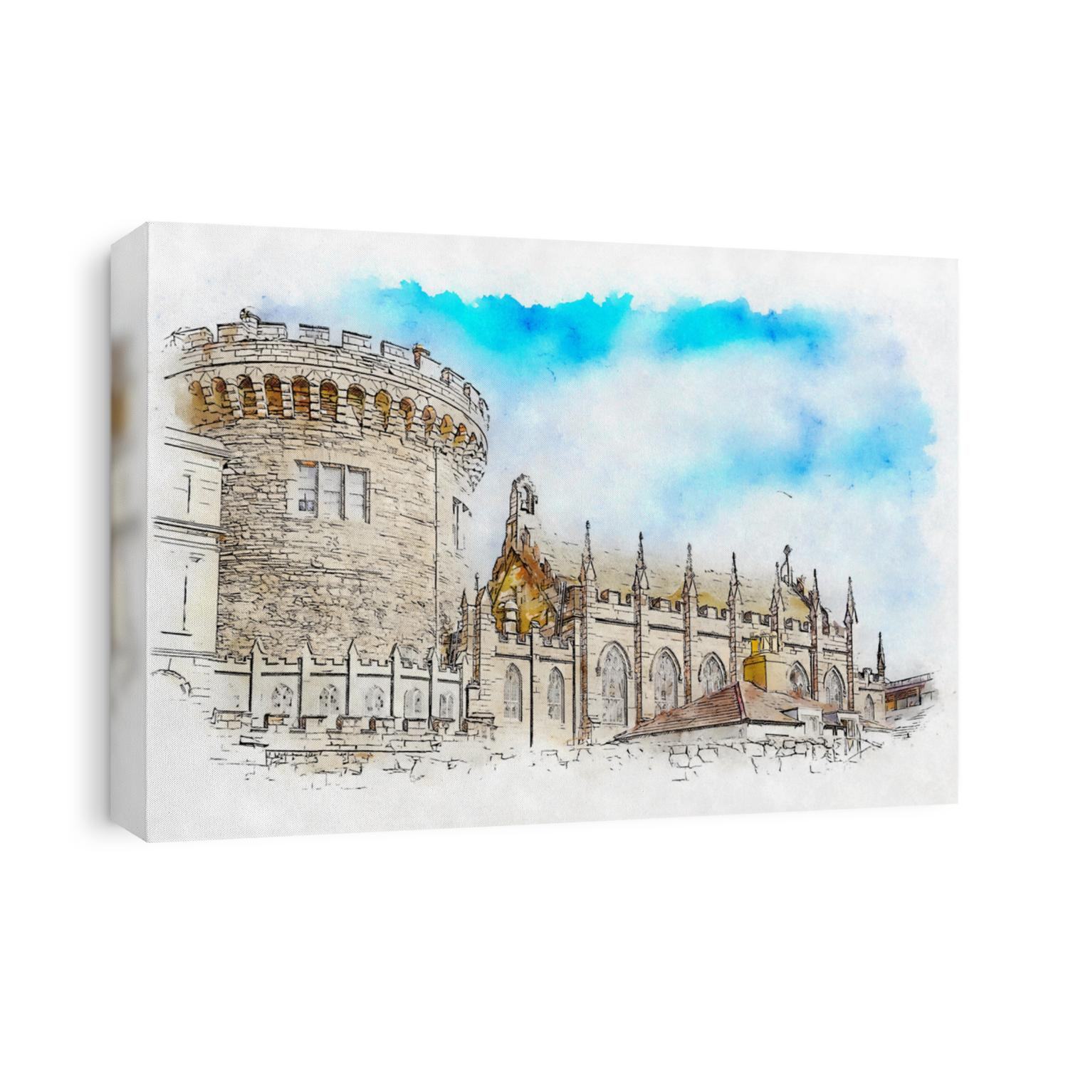 Dublin Castle in Ireland, a major Irish government complex, conference centre, and tourist attraction, watercolor sketch illustration.
