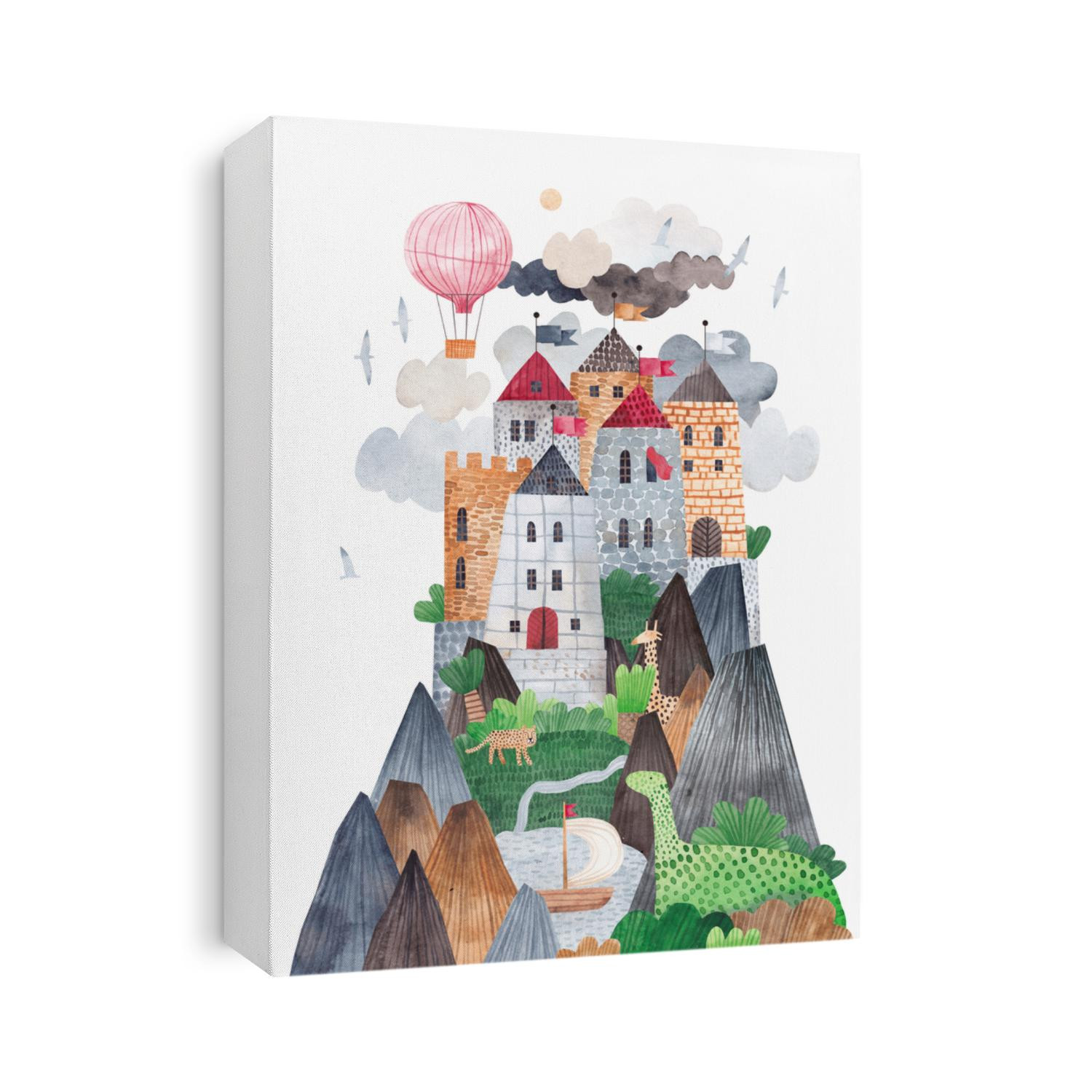Beautiful mountain landscape, stone fortress on the top of the cliff. Balloon in the clouds above a fabulous castle.