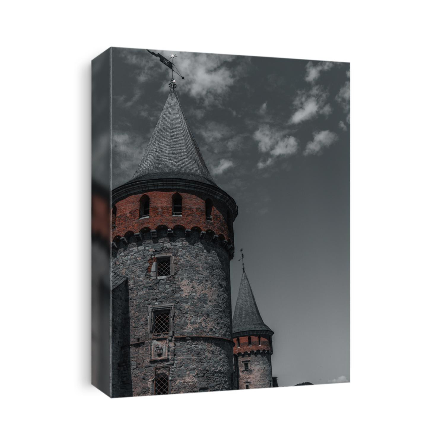 large old castle tower. in black and white filter 
