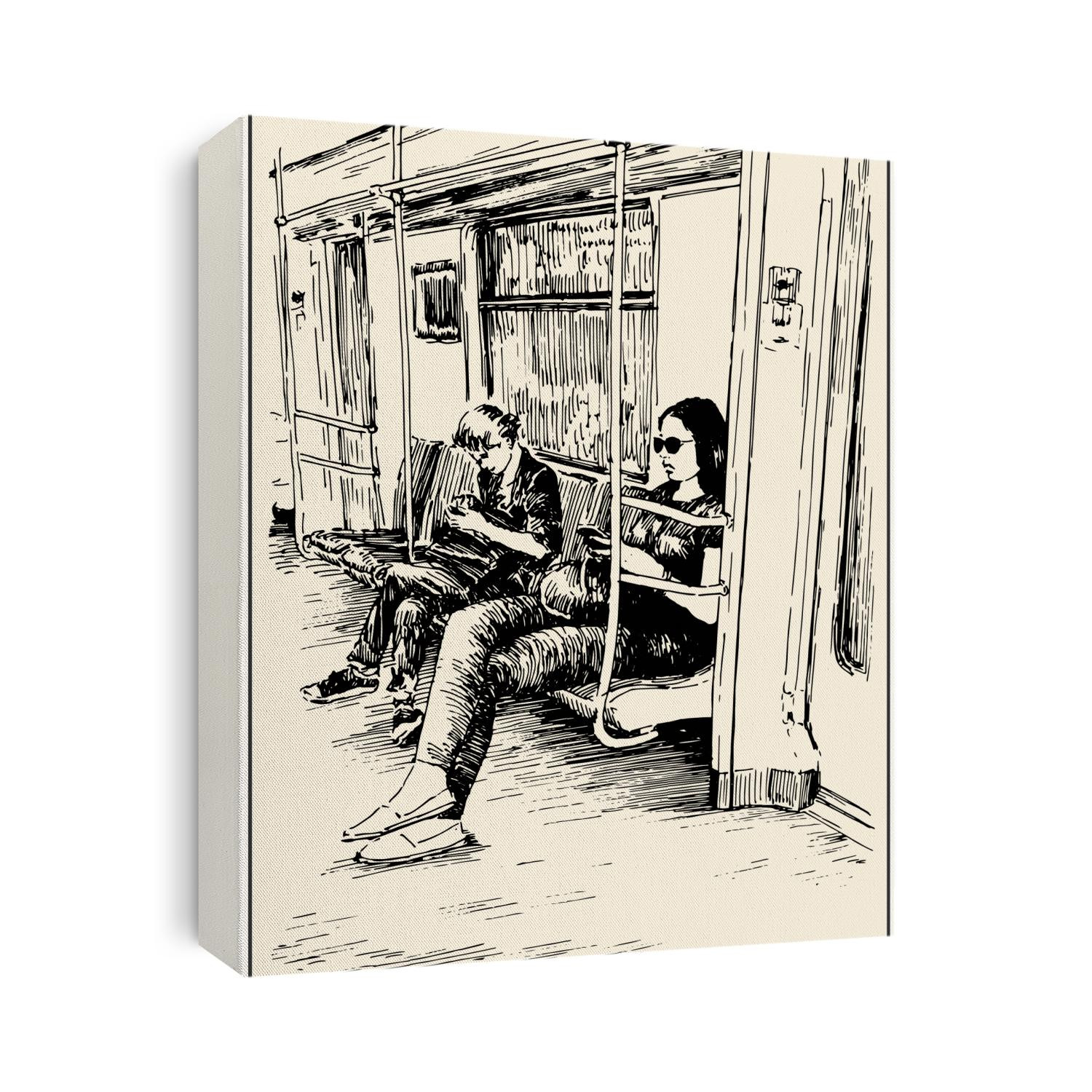 Beautiful young woman with smartphone on her hands sitting in the subway train. Black and white hand drawing with pen and ink. Engraving, etching, sketch style.