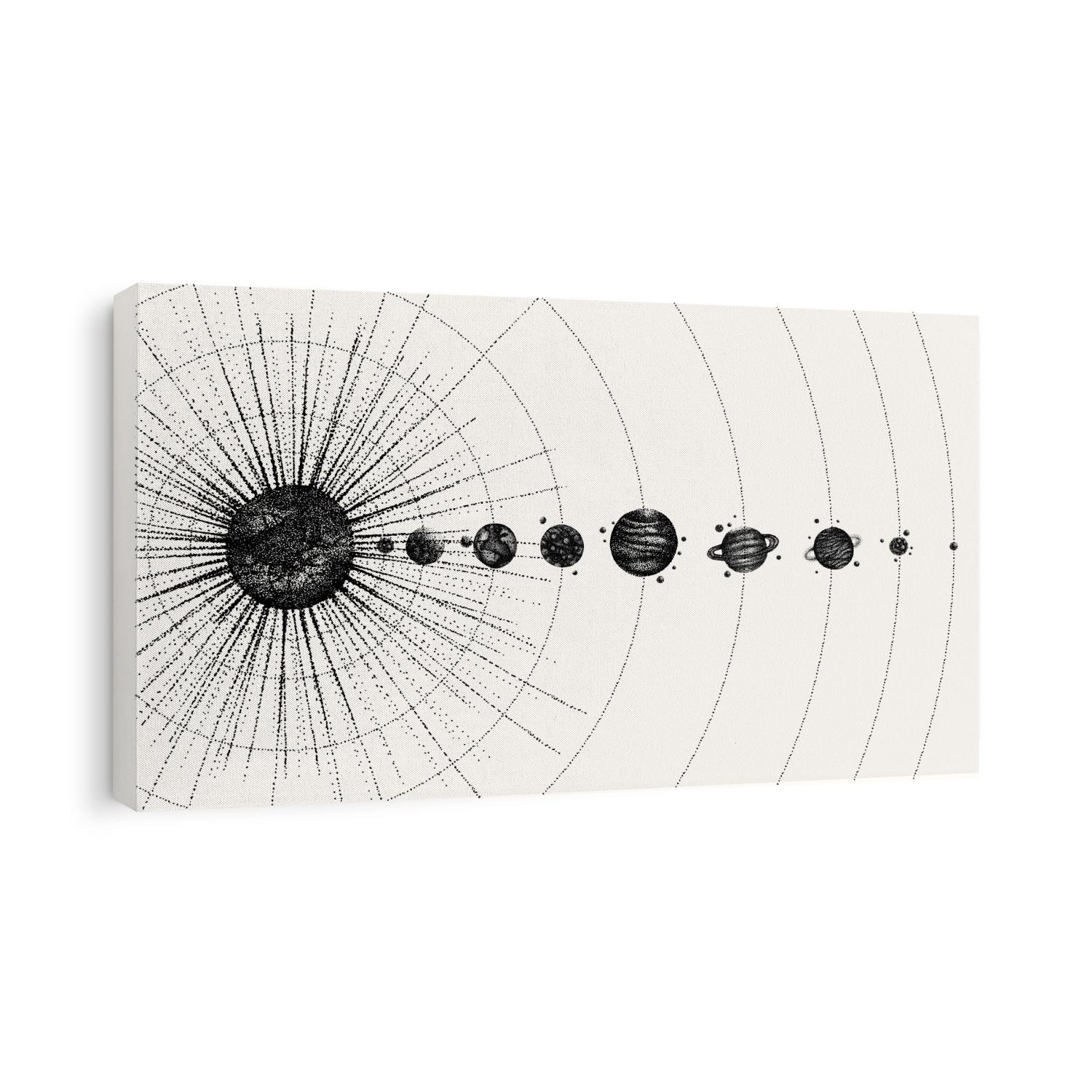 solar system in dotwork style. planets in orbit. vintage hand drawn illustration.