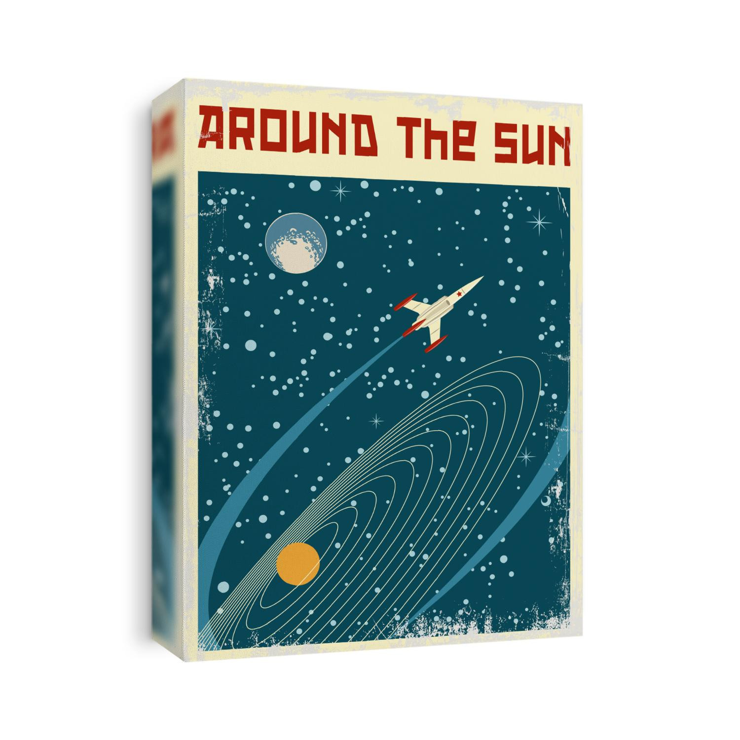 Around the Sun. Space Poster. Stylization under the Old Soviet Space Propaganda