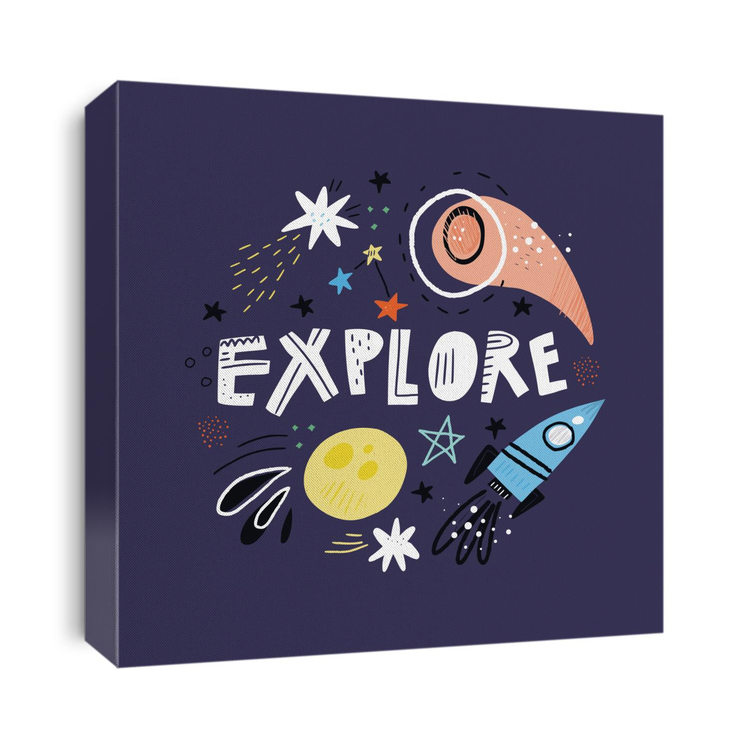 Explore cartoon vector typography. Handwritten lettering on darkblue background. Decorative framing with space elements. Meteorite, stars, moon. T shirt, poster typography design