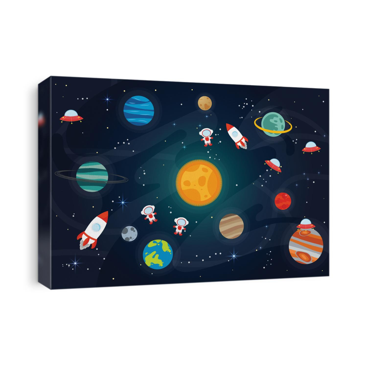Vector Illustration Of Space. Space flat vector background with rocket, spaceship, moon, Jupiter, satellite, astronaut, planets and stars. 