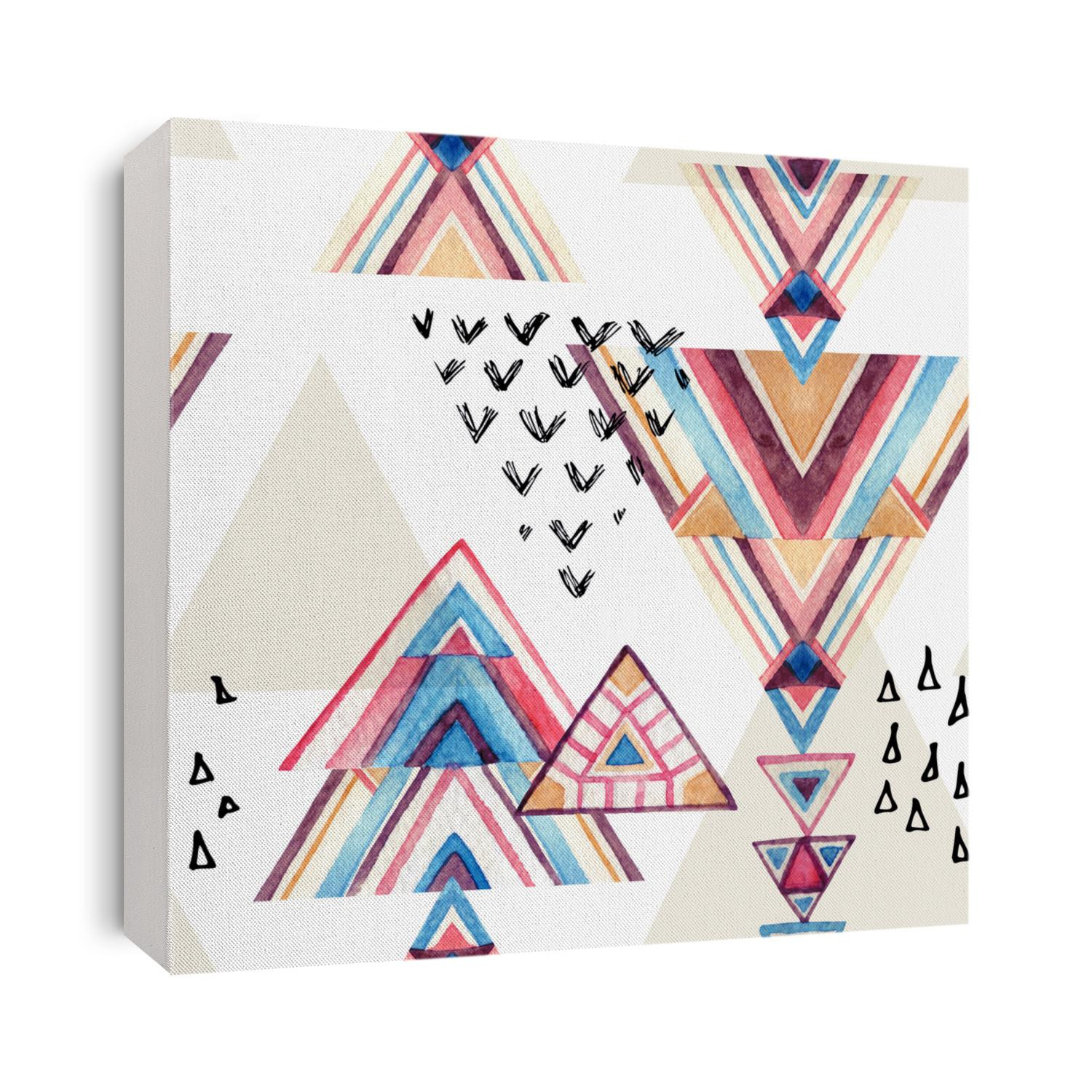 Abstract watercolor geometric seamless pattern. Triangles with aztec ornament, watercolor and grunge textures. Geometrical background in tribal style. Hand painted ethnic illustration