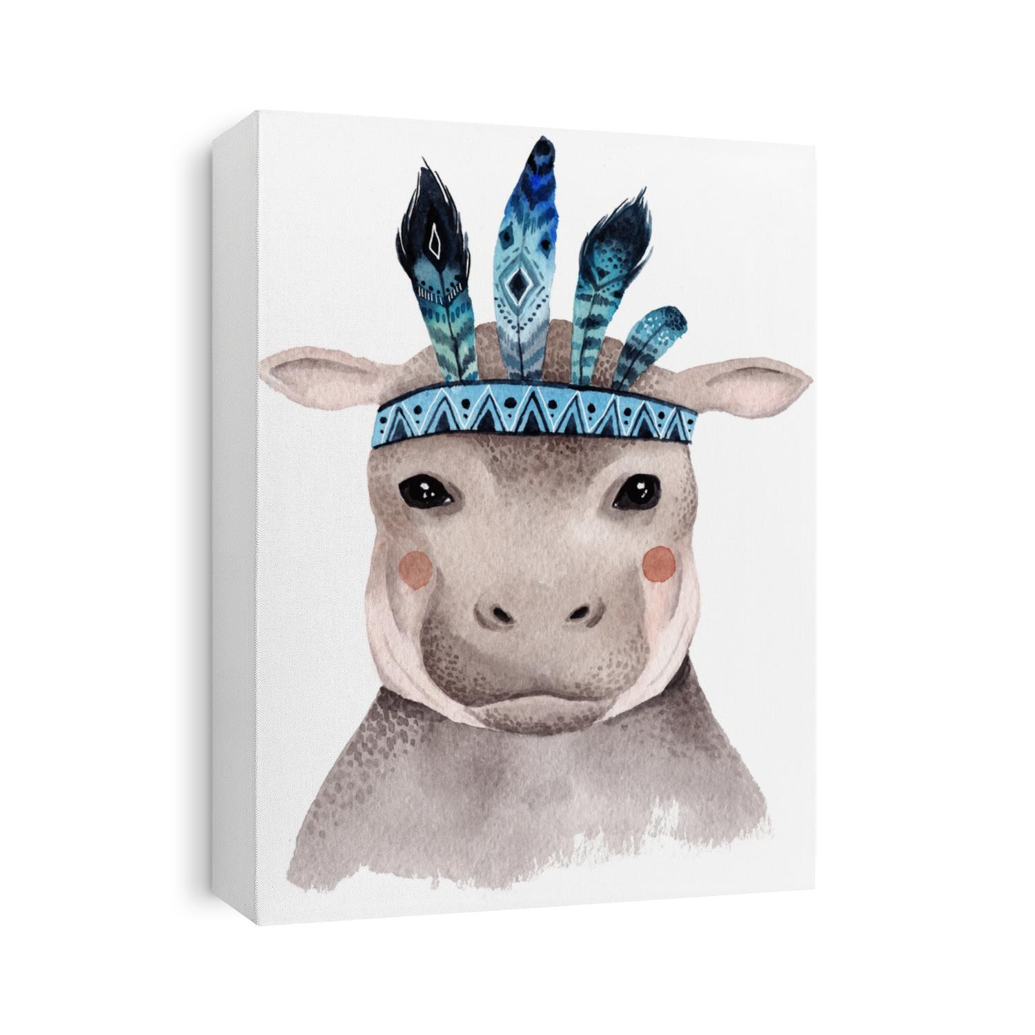 Watercolor hippo portrait, cute boho design with feathers. Nursery prints with animals , posters and postcards.