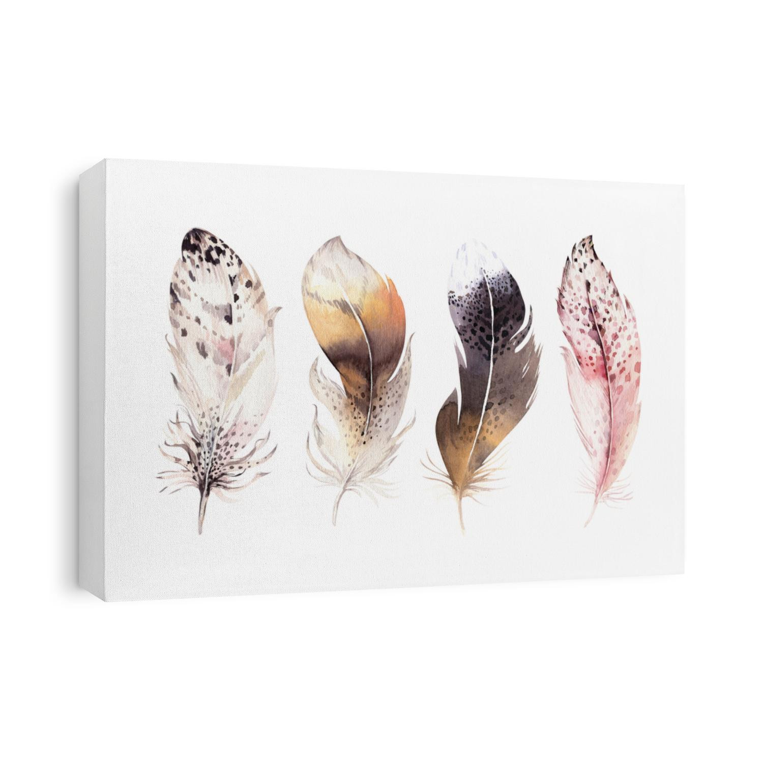 Hand drawn watercolor paintings vibrant feather set. Boho style wings. illustration isolated on white. Bird fly design for T-shirt, invitation, wedding card. Rustic Bright colors.