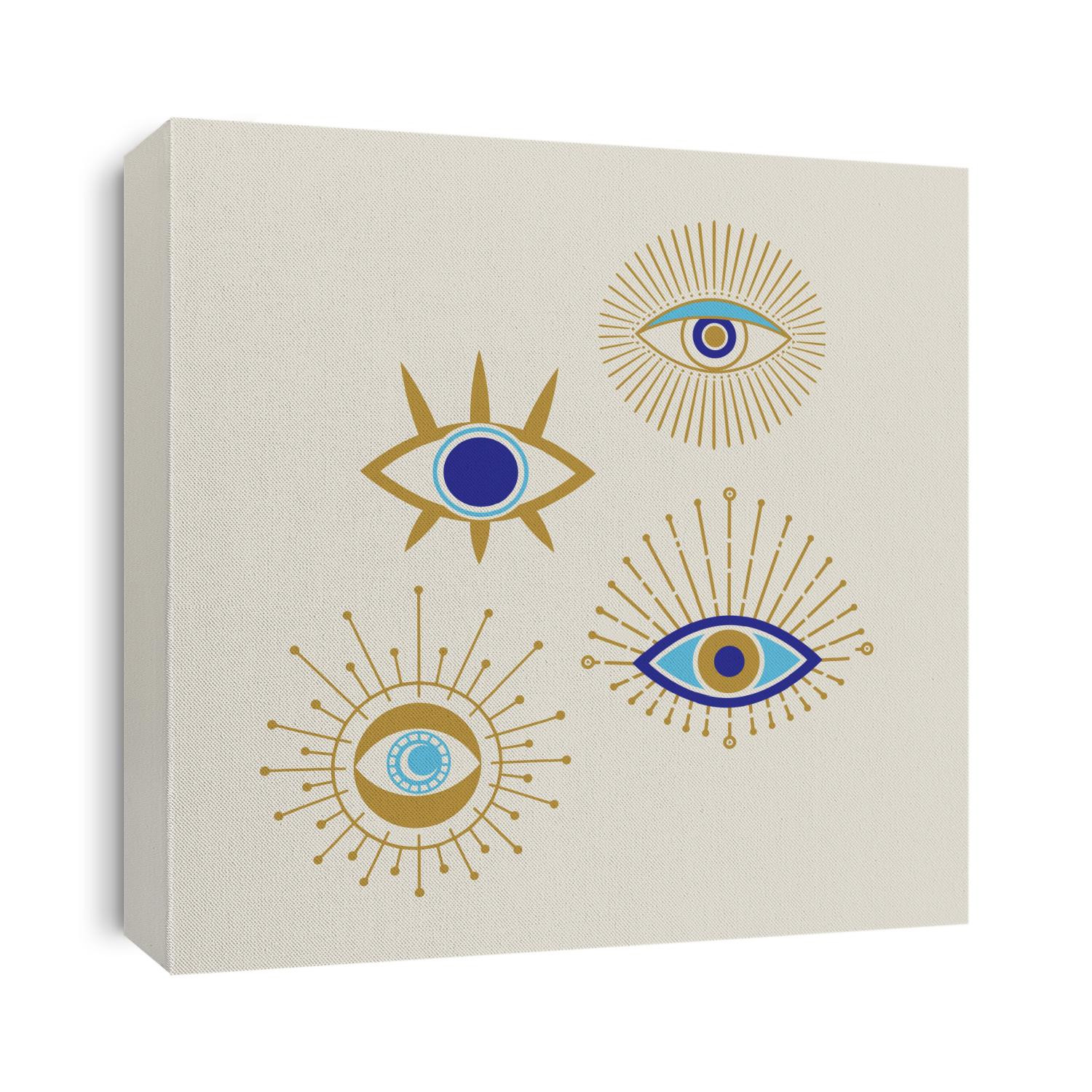 Evil eye golden and blue vector isolated doodle illustration. Magic, witchcraft, occult symbol, clip art line art collection. Hamsa eye, karma, magical eye, decor element.  