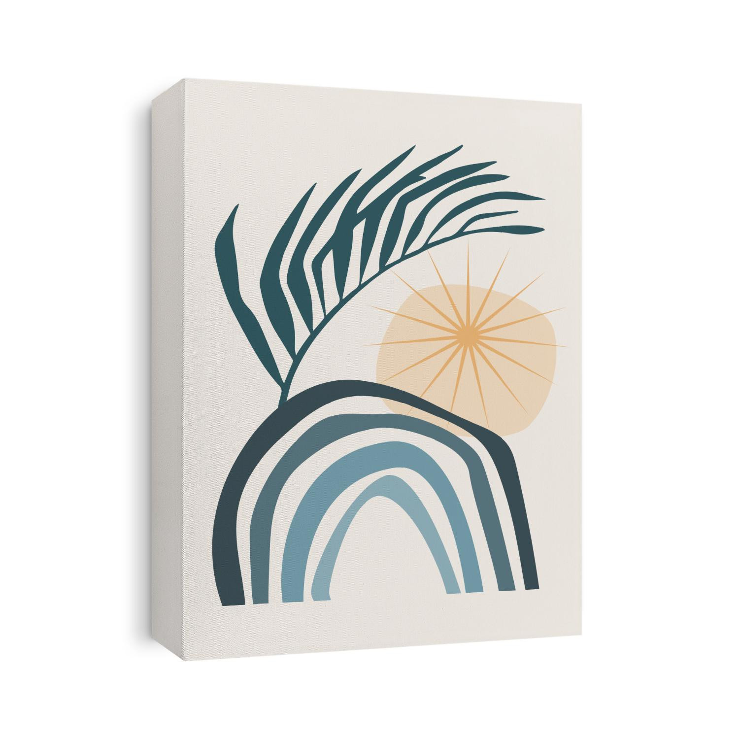 Rainbow with sunrise and tropical palm leaf. A symbol of peace, harmony and freedom. Template with abstract composition. Modern minimalism, boho style. Vector banner for postcards, wall art
