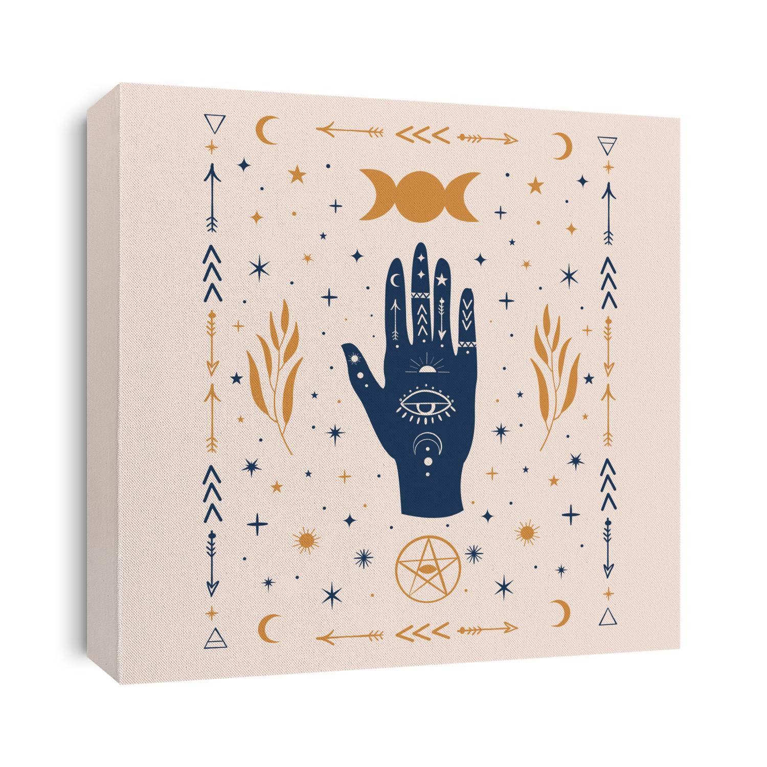 Hamsa Hands graphic illustration with mystical and occult hand drawn symbols like triple goddess moon, pentacle, evil eye. Vector illustration. Halloween,wicca, astrological and esoteric concept.
