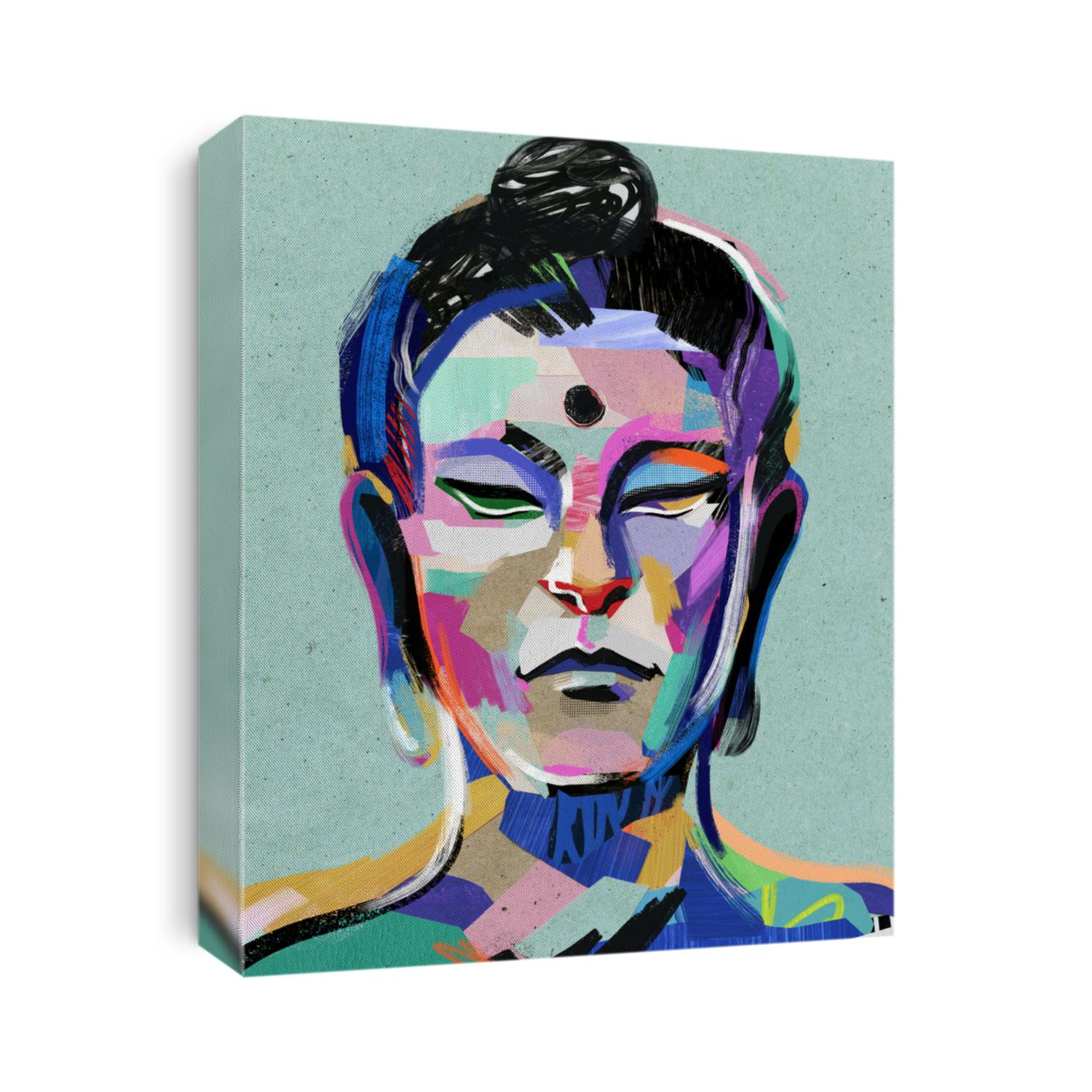 Buddha. Collage technique. Abstract artwork for creative design projects. Mixed media. Raster illustration.