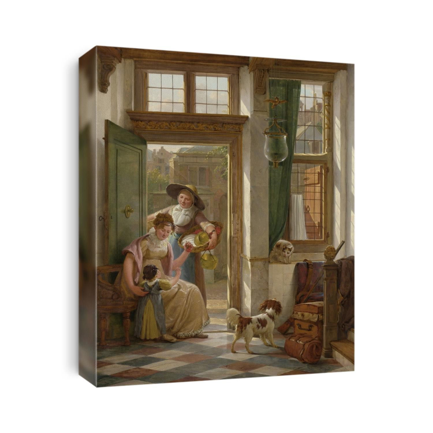 A Cherry Vendor at the Door, by Abraham van Strij, 1816, Belgian painting, oil on panel. A woman sitting near the door of her home, shows her daughter cherries she has bought from a woman at the door.
